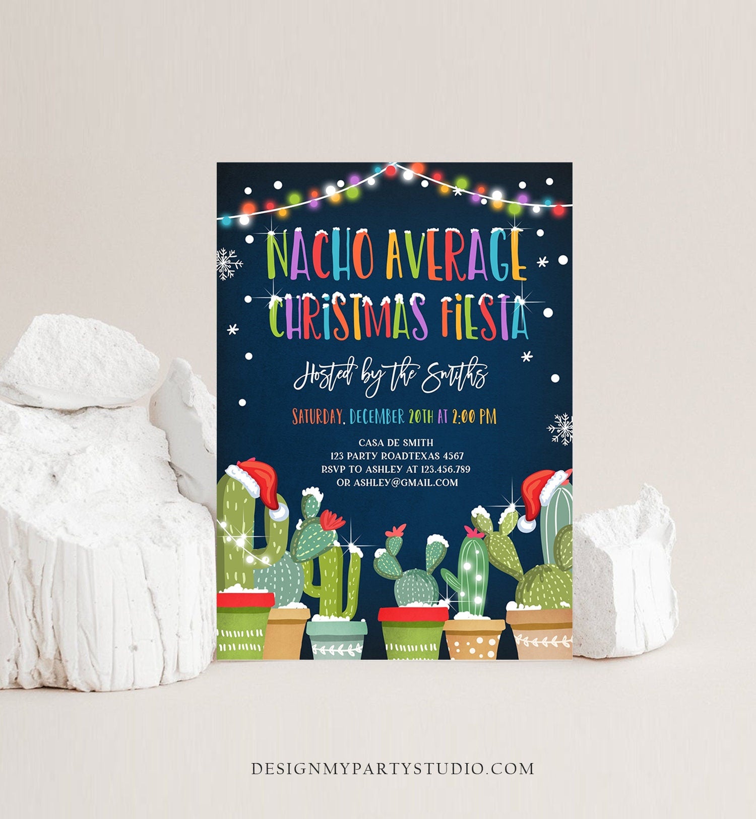 Editable Nacho Average Christmas Fiesta Invitation Cactus Mexican Holiday Feliz Navidad Digital Download Evite Template Printable 0273