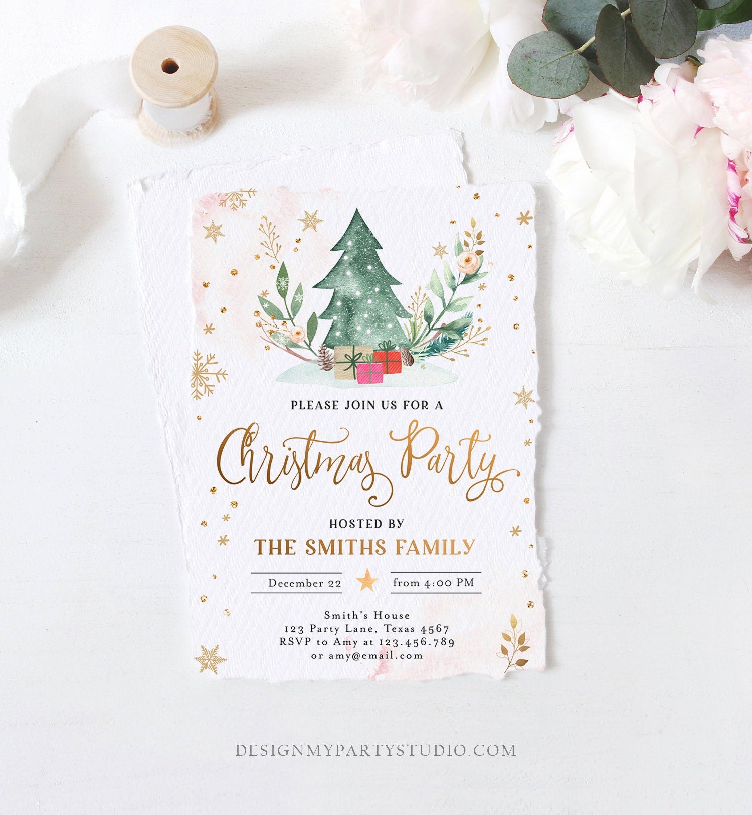 Editable Christmas Party Invitation Holiday Company It's Cold Outside Business Family Pink Gold Tree Digital Evite Template Printable 0353