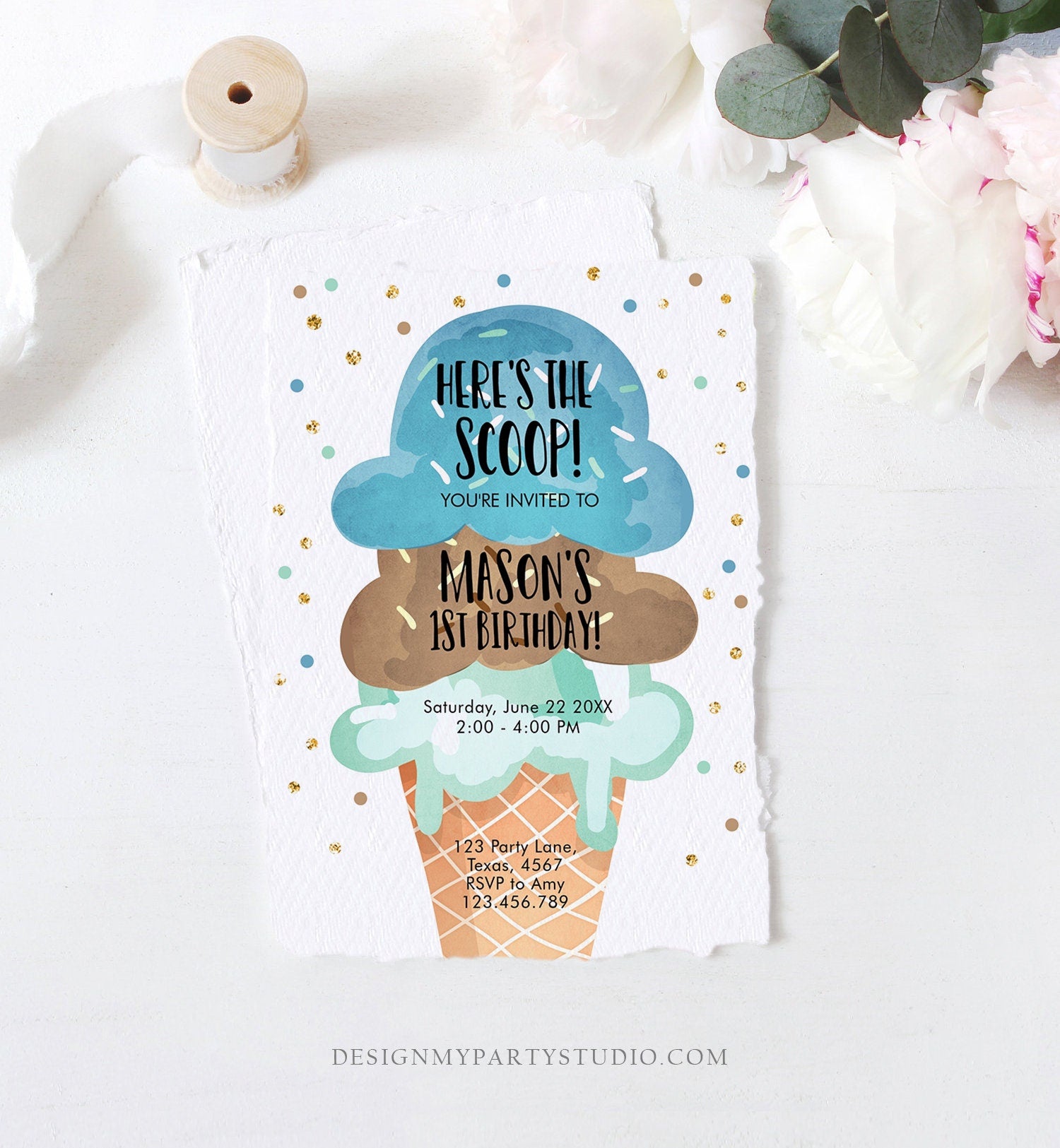 Editable Ice Cream Birthday Invitation First Birthday Party Here's the Scoop Cone Blue Mint Chocolate Boy Corjl Template Printable 0243