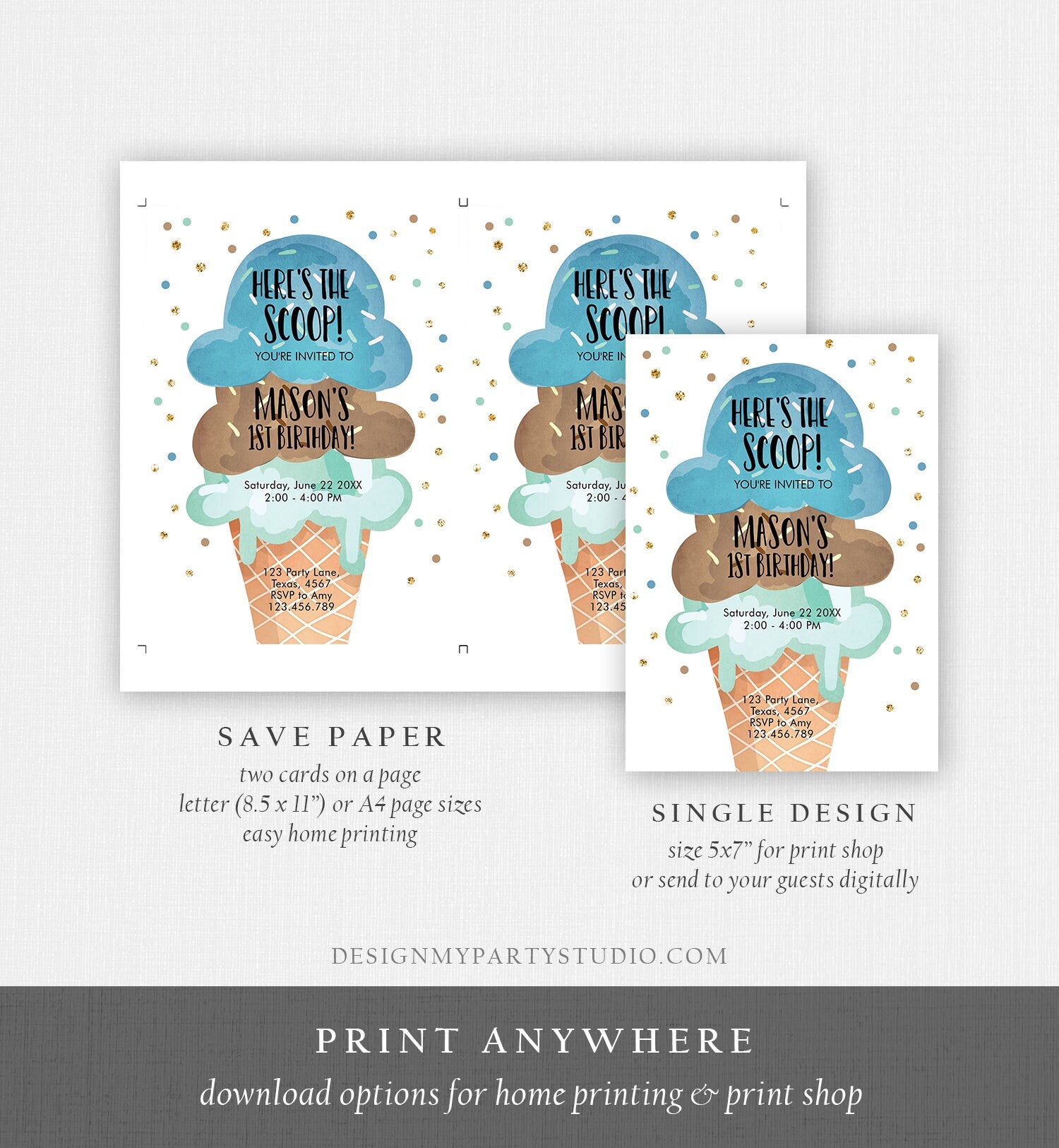 Editable Ice Cream Birthday Invitation First Birthday Party Here's the Scoop Cone Blue Mint Chocolate Boy Corjl Template Printable 0243