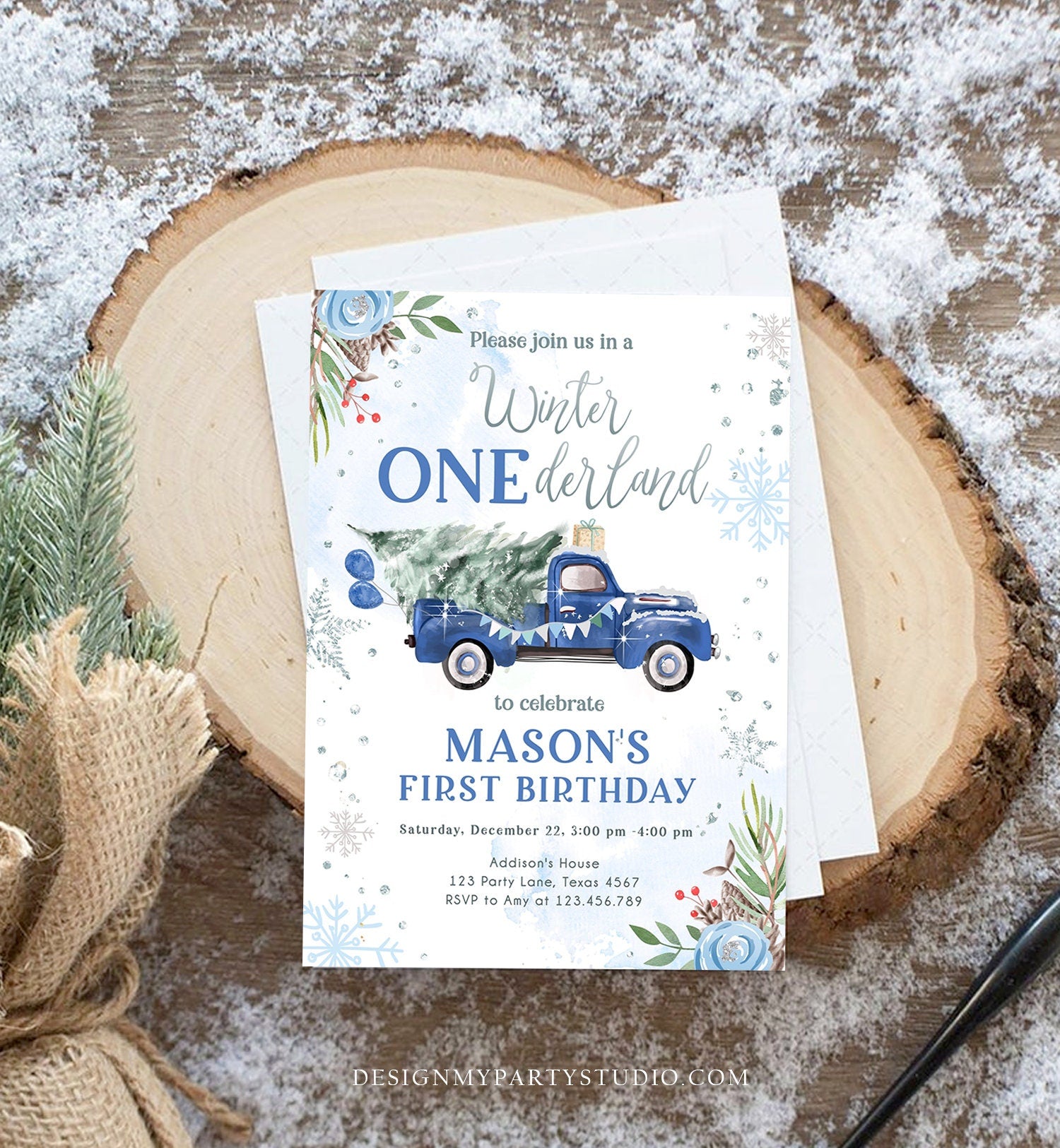 Editable Winter Onederland Winter First Birthday Invitation 1st Blue Boy Silver Floral Truck Christmas Digital Evite Template Printable 0356