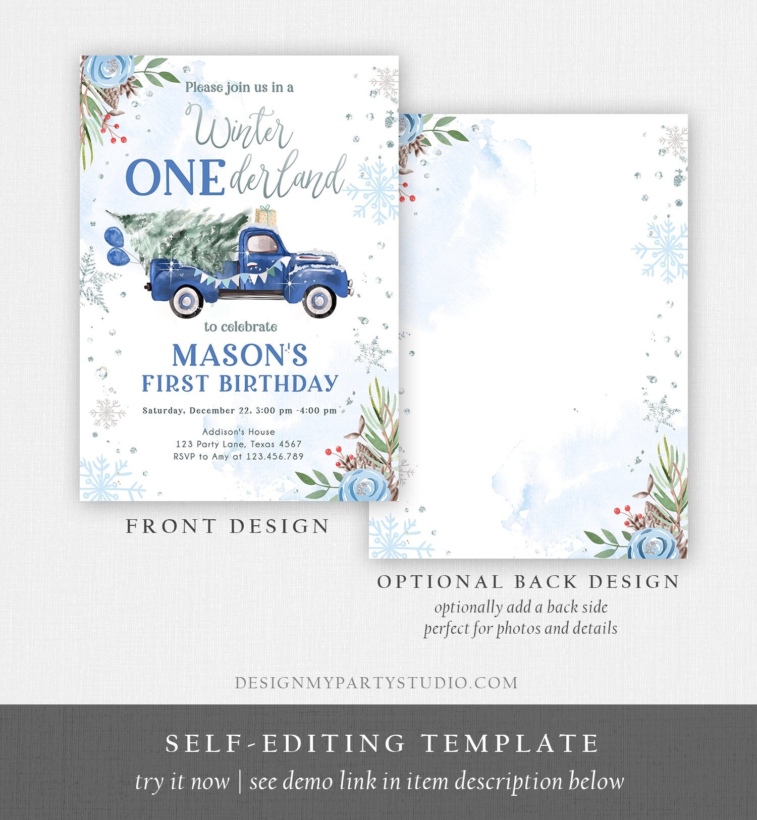 Editable Winter Onederland Winter First Birthday Invitation 1st Blue Boy Silver Floral Truck Christmas Digital Evite Template Printable 0356