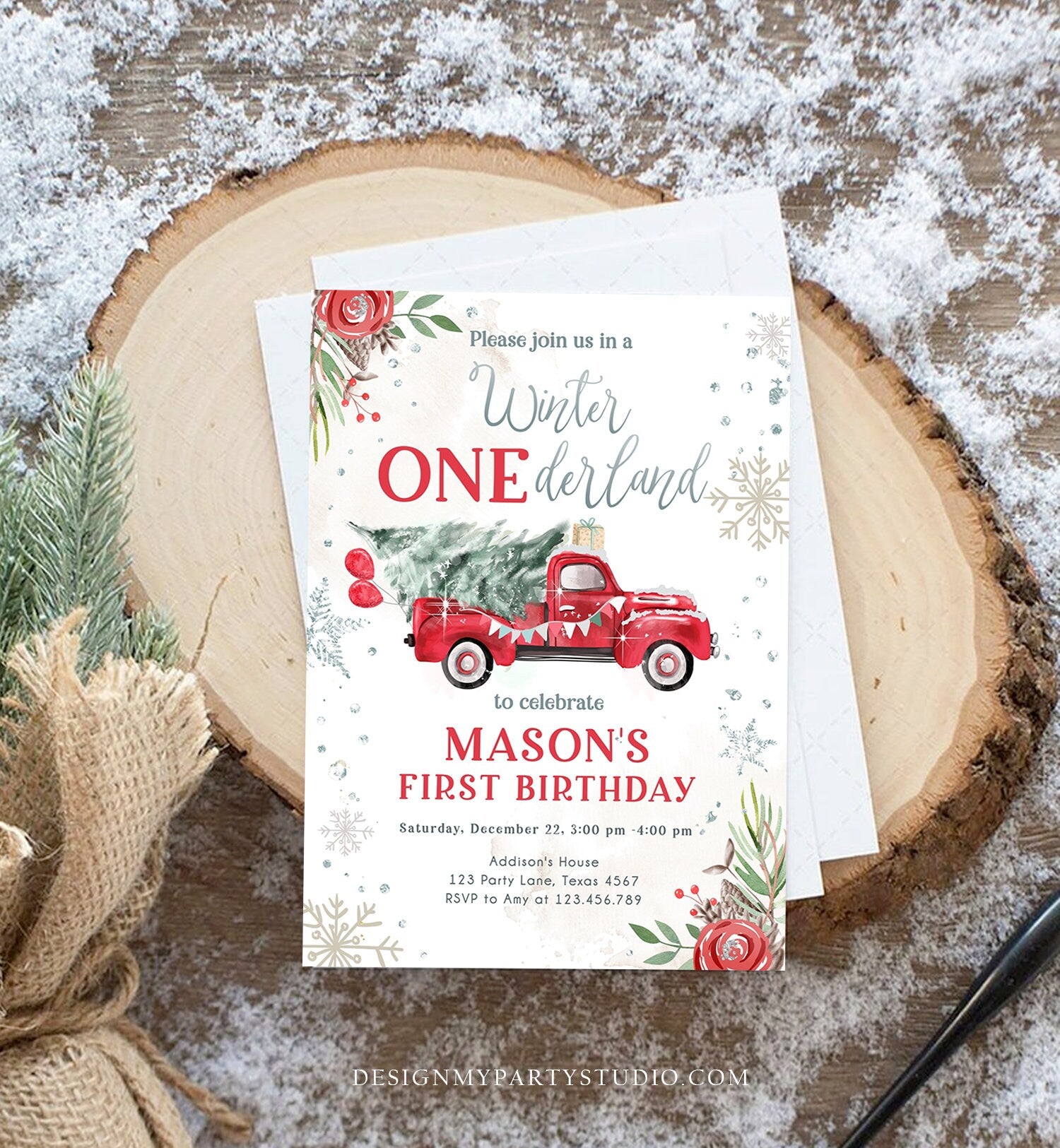 Editable Winter Onederland Winter First Birthday Invitation 1st Winter Red Boy Silver Floral Truck Christmas Digital Template Printable 0356