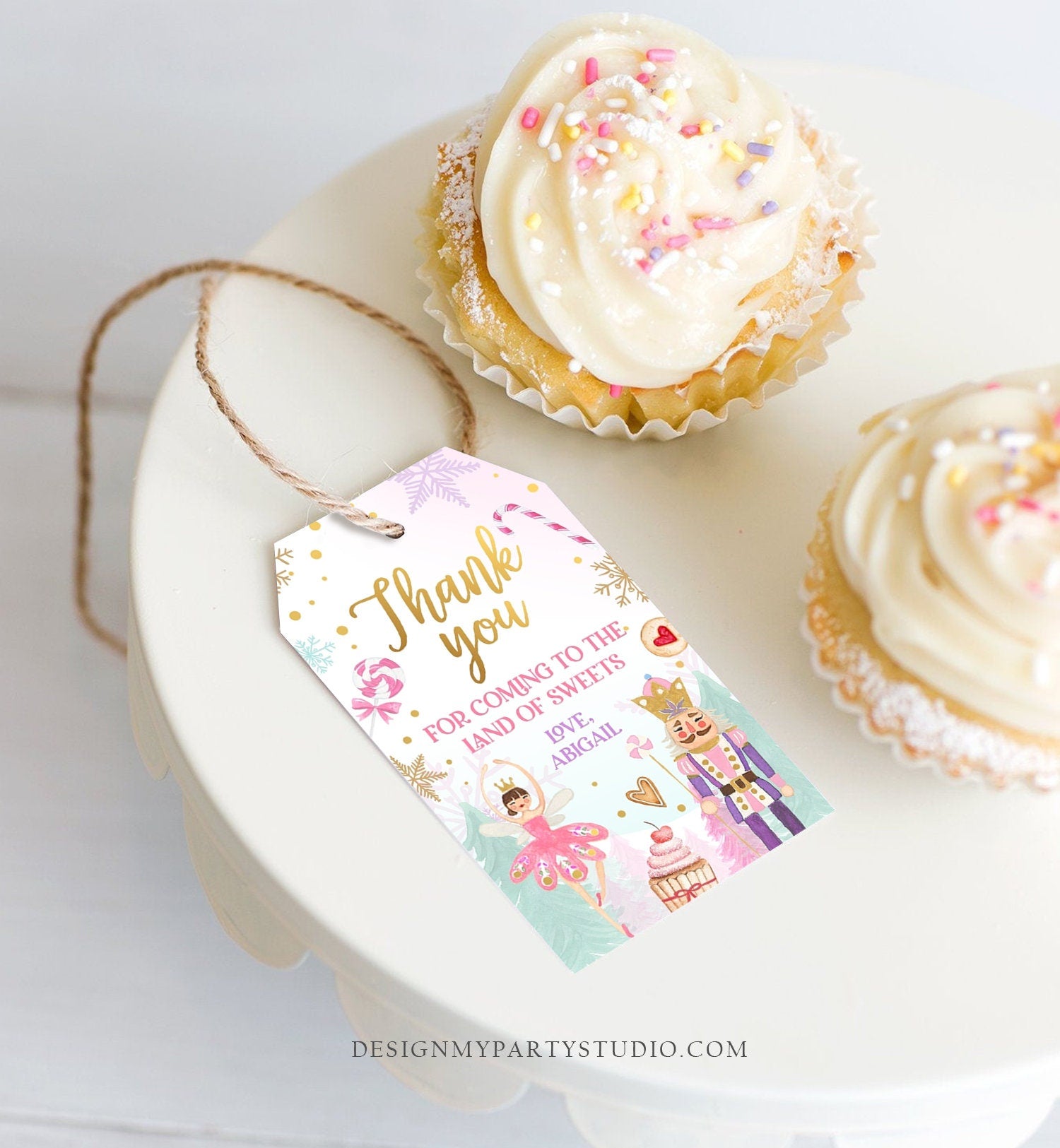 Editable Nutcracker Favor Tag Birthday Land of Sweets Thank You Tag Sugar Plum Fairy Christmas Winter Pink Gold Girl Template Printable 0352