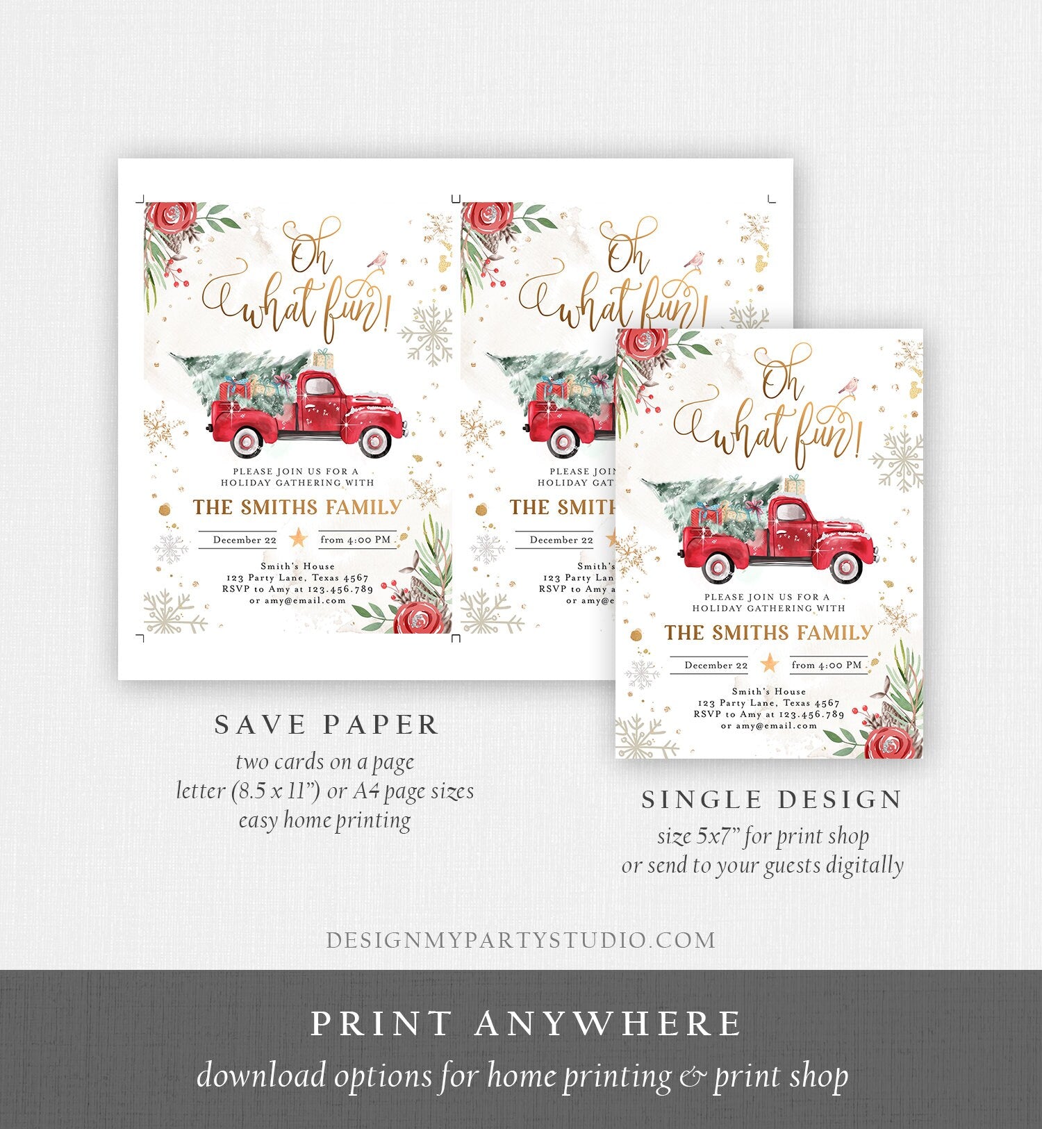 Editable Oh What Fun! Holiday Party Christmas Party Invitation Red Truck Tree Winter Birthday Digital Download Evite Template Printable 0356