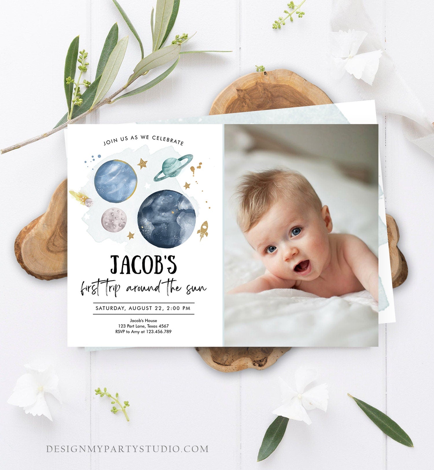 Editable Outer Space First Birthday Invitation Galaxy Blast Off First Trip Around the Sun Digital Download Evite Template Printable 0357