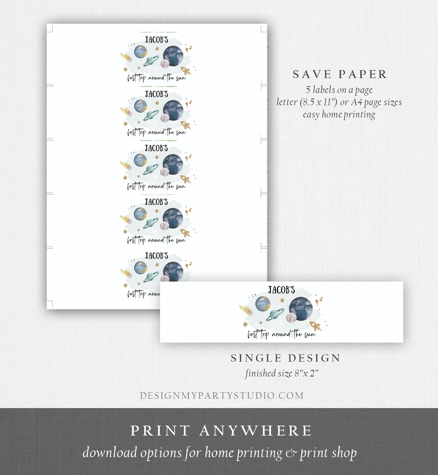 Editable Outer Space Birthday Water Bottle Labels Galaxy Party Decor Astronaut Trip Around the Sun Planets Printable Digital Template 0357