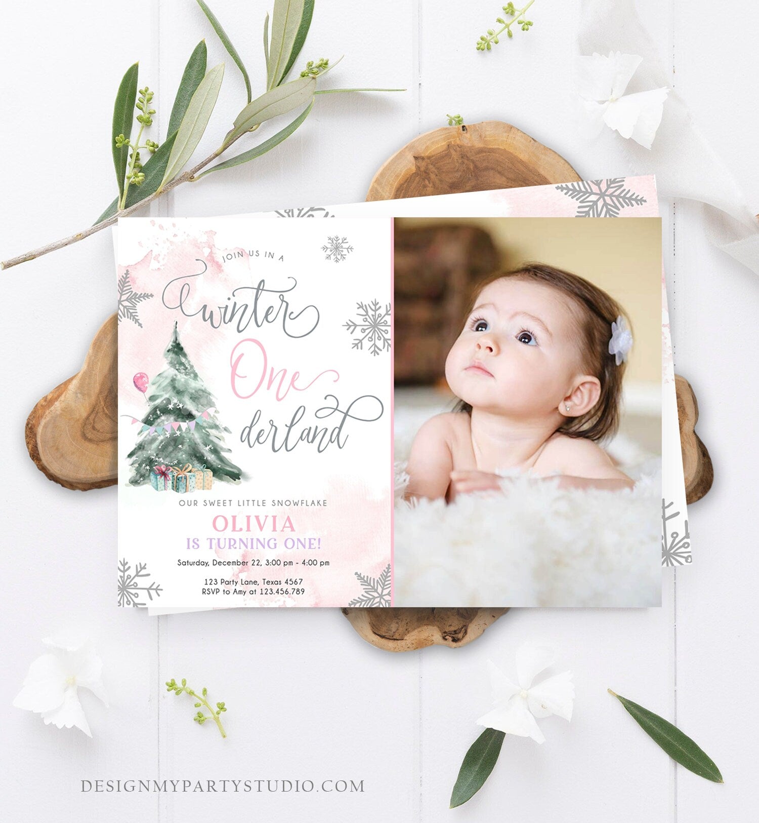 Editable Winter ONEderland Birthday Invitation First Birthday 1st Girl Pink Snow Watercolor Tree Christmas Snowflake Corjl Template 0363