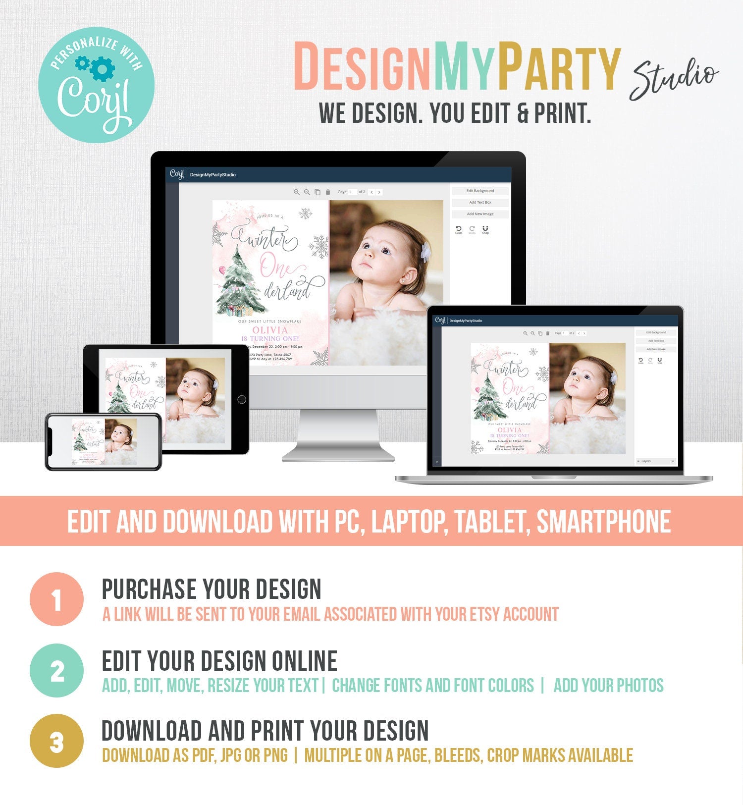 Editable Winter ONEderland Birthday Invitation First Birthday 1st Girl Pink Snow Watercolor Tree Christmas Snowflake Corjl Template 0363