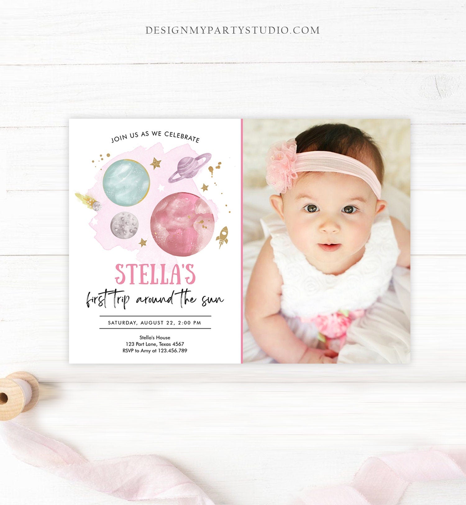 Editable Outer Space Girl First Birthday Invitation Galaxy Blast Off First Trip Around the Sun Pink Digital Download Template Printable 0357