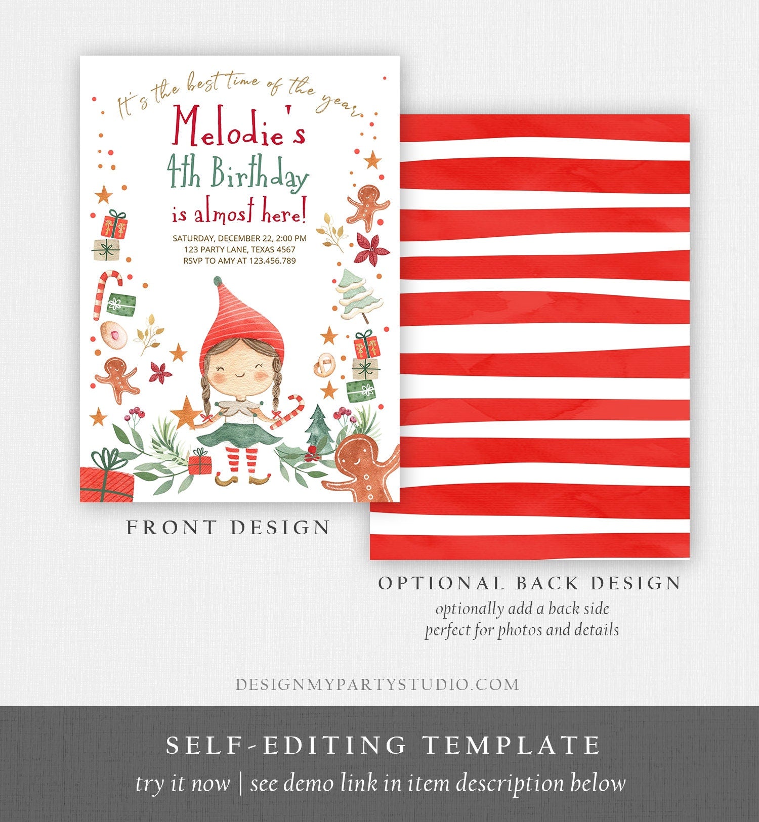 Editable Christmas Birthday Party Invitation Elf Birthday Invite Winter Best Time of The Year Girl Pink Gold Printable Template DIY 0358