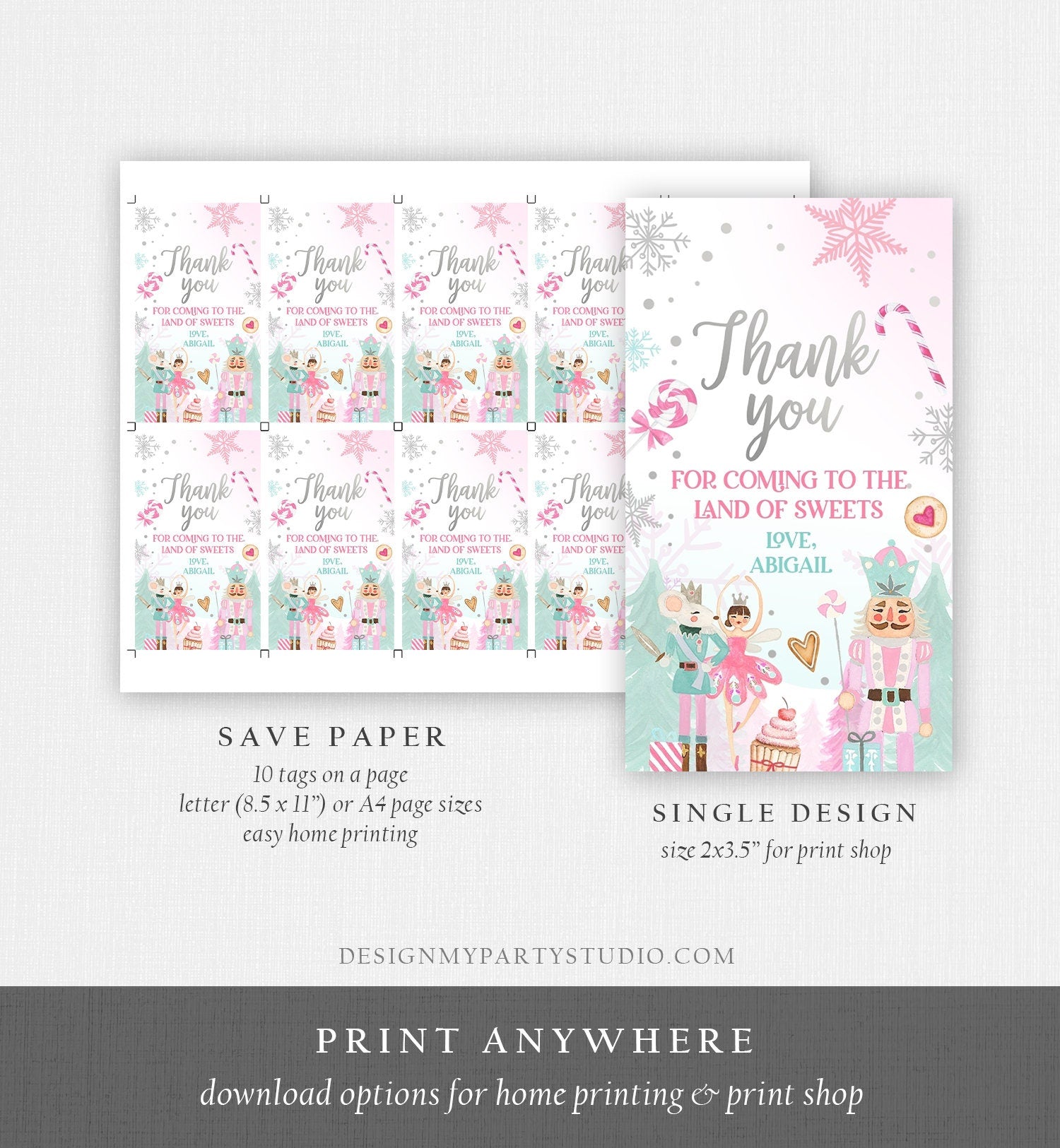 Editable Nutcracker Favor Tag Nutcracker Birthday Land of Sweets Thank You Tag Sugar Plum Fairy Christmas Winter Pink Silver Digital 0352