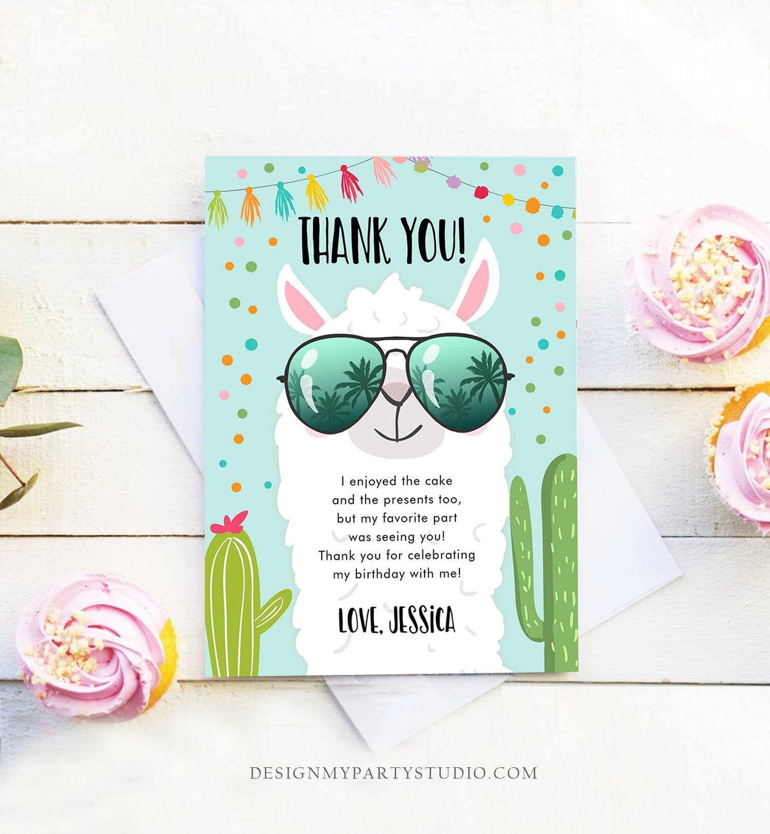 Editable Llama Thank You Card Fiesta Mexican Birthday Sunglasses Thank You Note Shower Cactus Blue Boy Alpaca Corjl Template Printable 0079