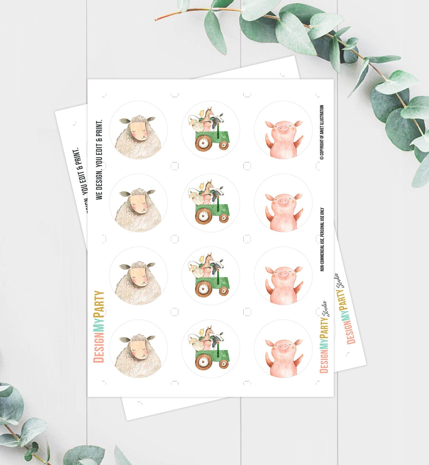 Farm Animals Baby Shower Cupcake Toppers Favor Tag Stickers Party Animals Birthday Decor Green Tractor Barn Digital Download Printable 0155