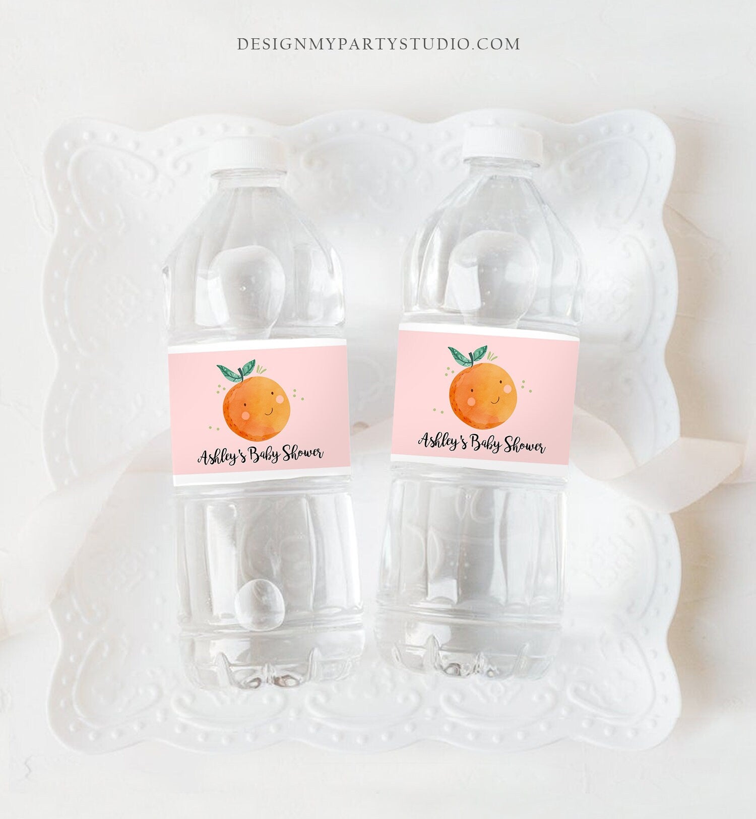 Editable A Little Cutie is on The Way Water Bottle Labels Pink Girl Baby Shower Clementine Orange Cutie Decor Printable Corjl Template 0330