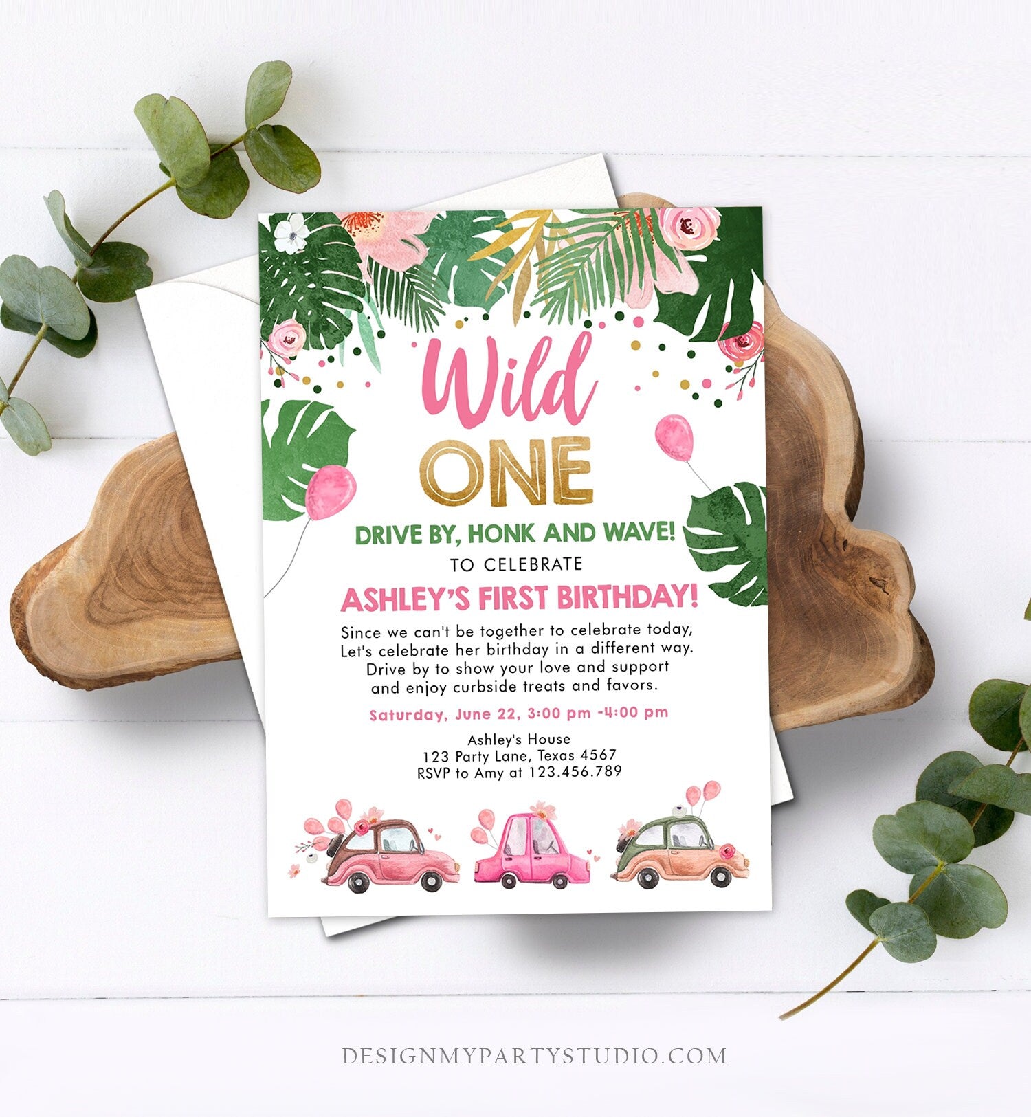 Editable Drive By Birthday Parade Invitation Wild One 1st Birthday Virtual Party Invite Honk Wave Car Girl Pink Safari Digital Corjl 0332