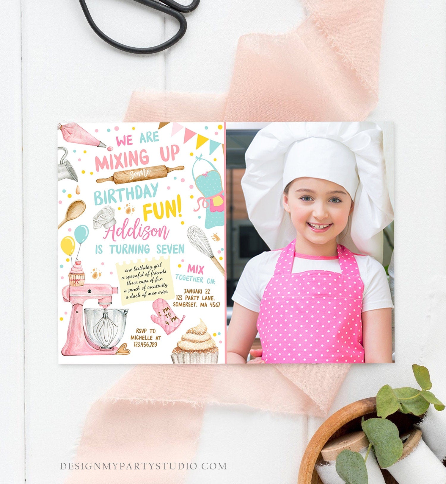 Editable Baking Birthday Party Invitation Kids Cooking Birthday Girl Chef Party Kitchen Cupcakes Pink Digital Template Printable 0364