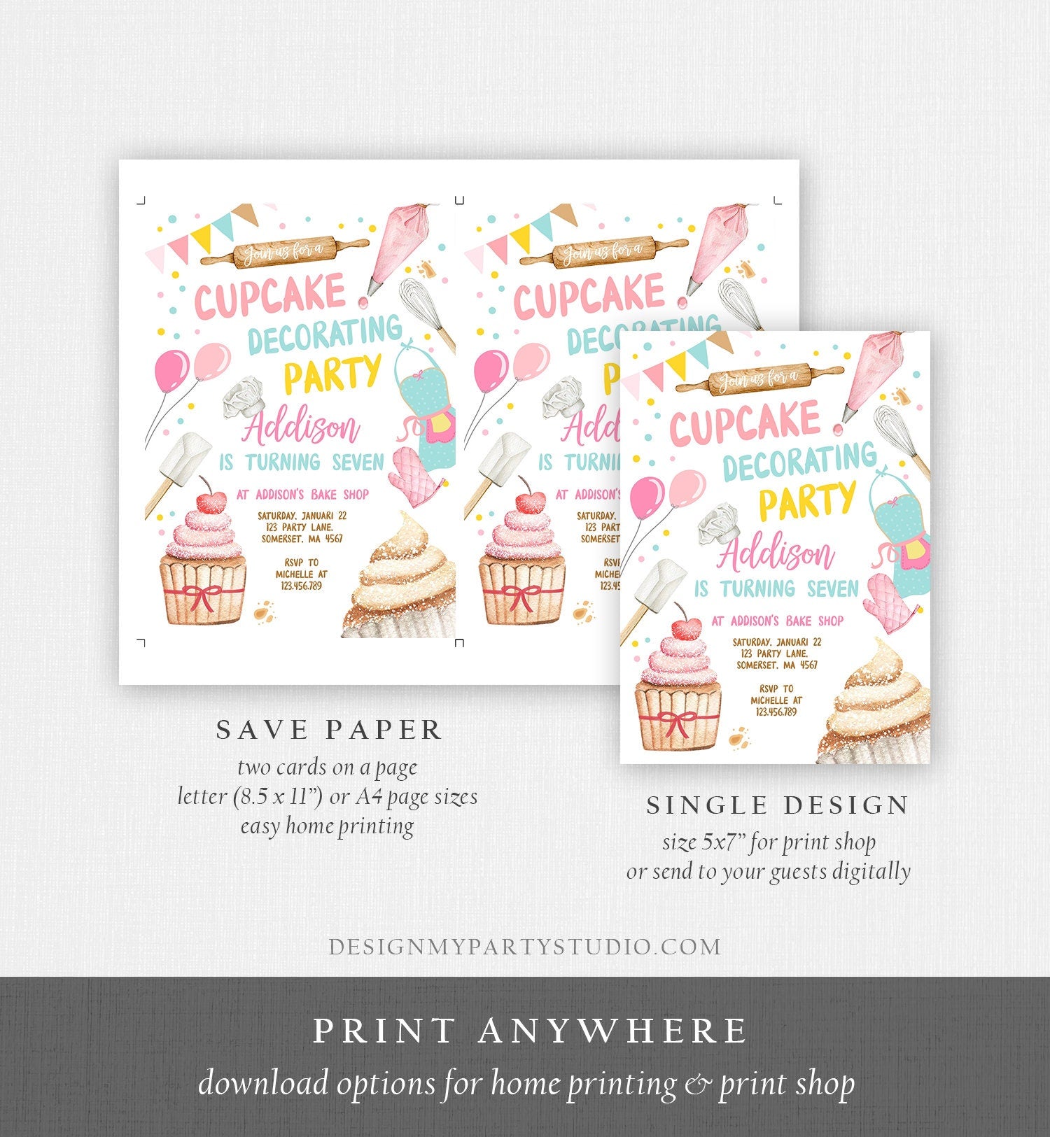 Editable Cupcake Decorating Party Invitation Kids Cooking Birthday Cupcake Invite Girl Chef Party Download Printable Corjl Template 0364
