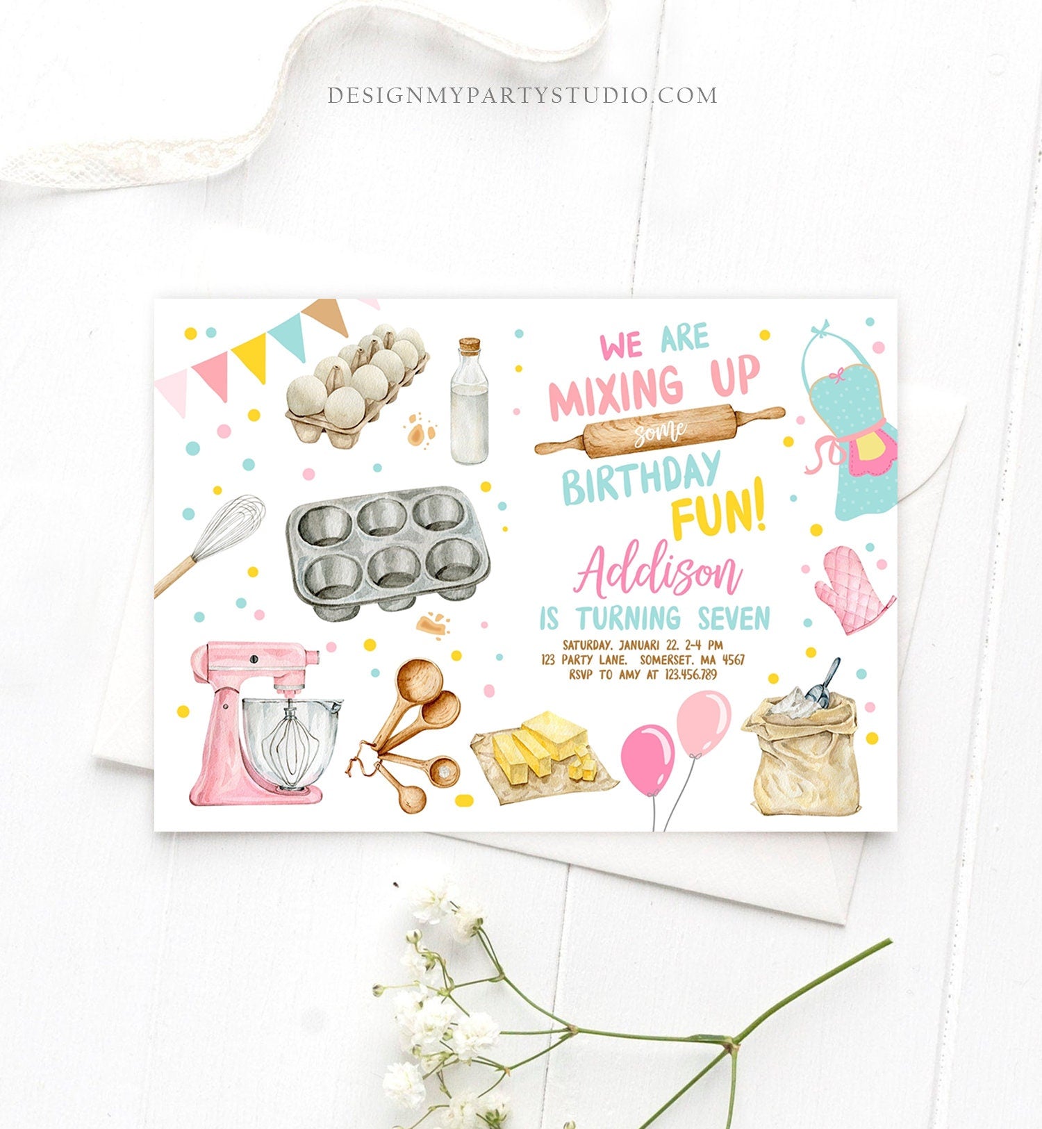 Editable Baking Birthday Party Invitation Kids Cooking Birthday Girl Chef Party Kitchen Pink Digital Download Template Printable 0364