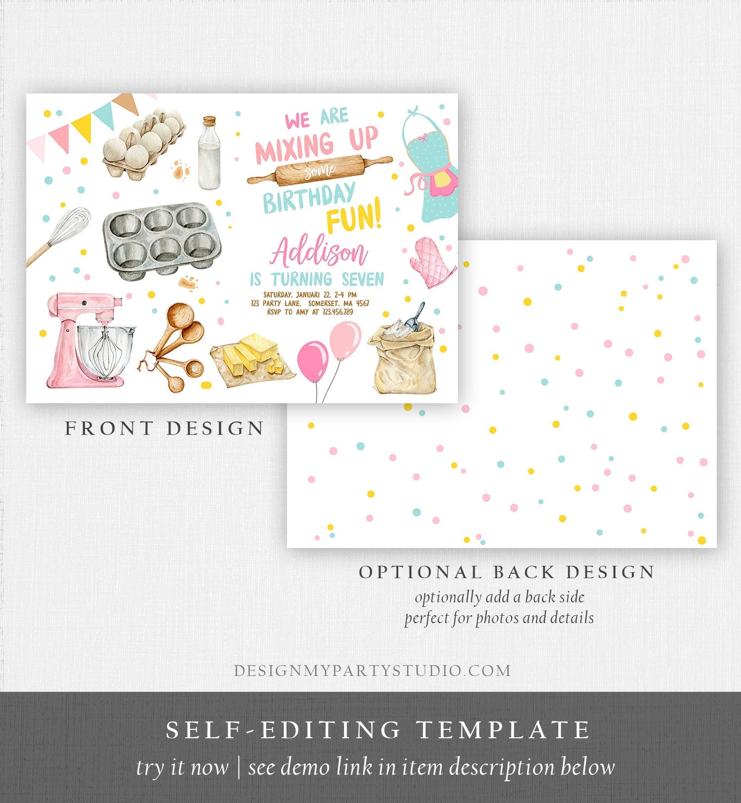 Editable Baking Birthday Party Invitation Kids Cooking Birthday Girl Chef Party Kitchen Pink Digital Download Template Printable 0364