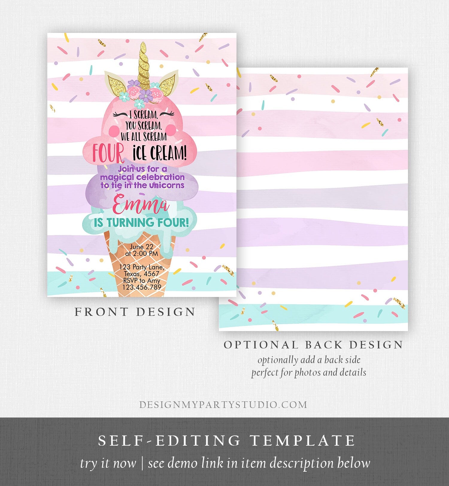 Editable Unicorn Ice Cream Birthday Invitation 4th Birthday Party Here's the Scoop Cone Rainbow Magical fourth Printable Template Corjl 0243