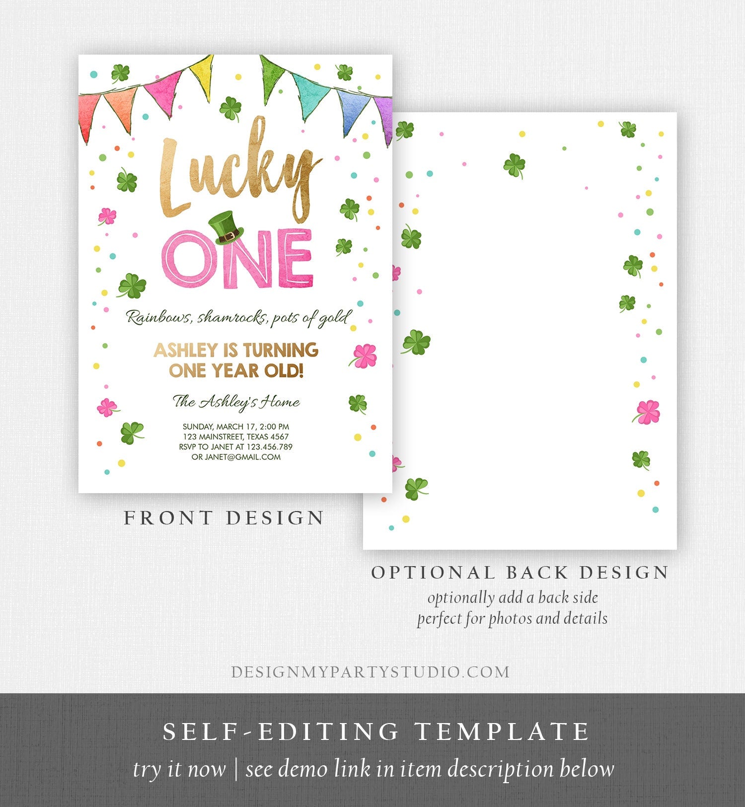 Editable St. Patrick's Day Birthday Invitation Shamrock Clover St Patricks day Birthday Lucky One Girl Printable Invite Template Corjl 0115