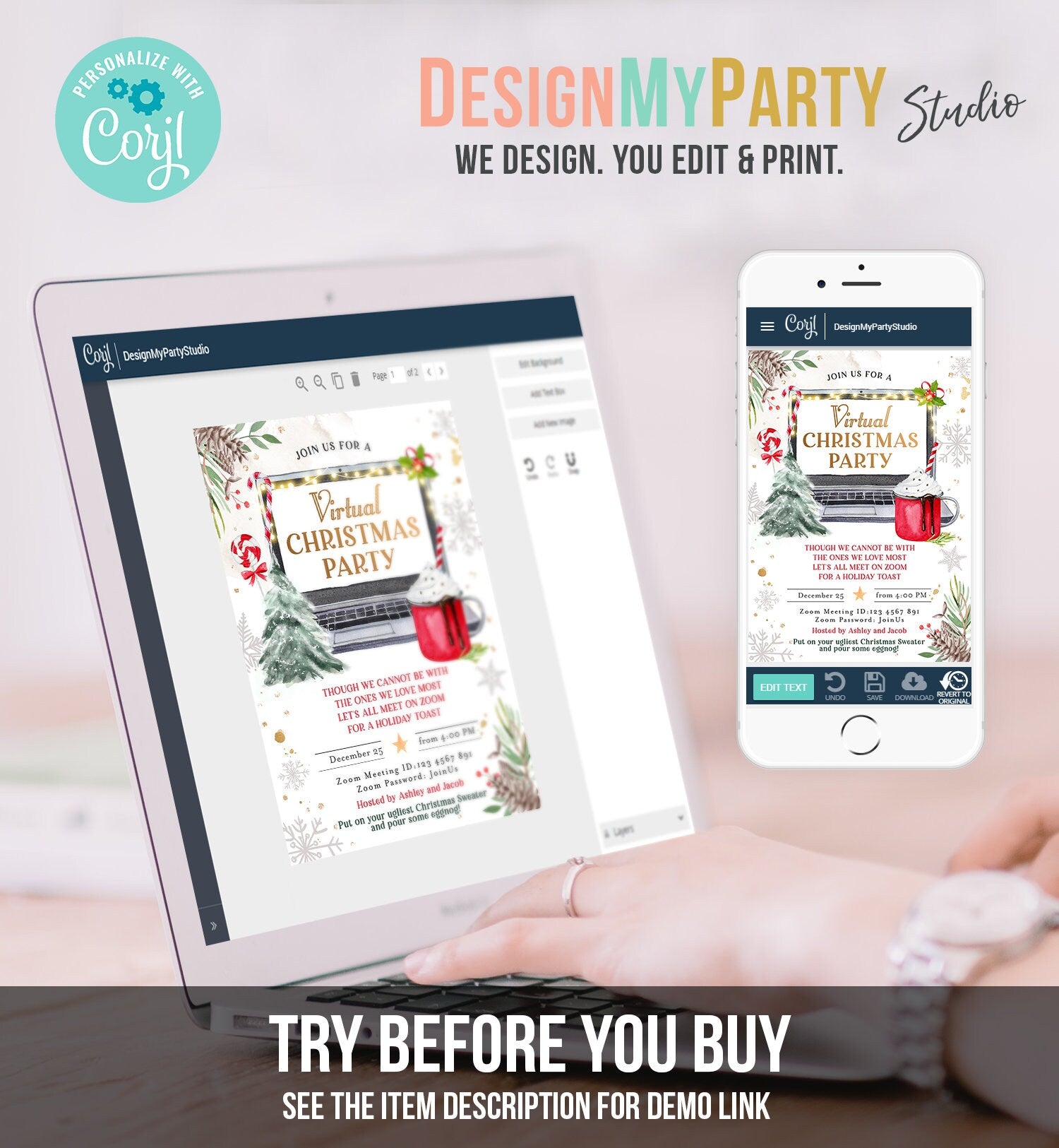 Editable Virtual Christmas Party Invitation Christmas Toast Zoom Laptop Online Meeting Digital Download Evite Template Printable 0356
