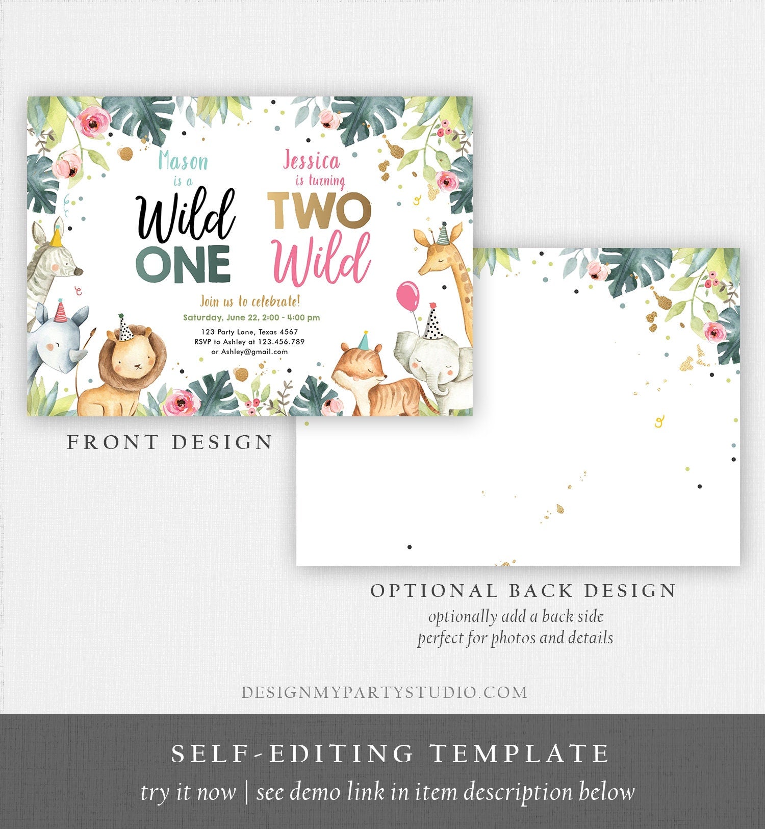 Editable Joint Safari Birthday Invitation Boy Girl Wild One Two Wild Safari Animals Party Animals First Second Corjl Template Printable 0163