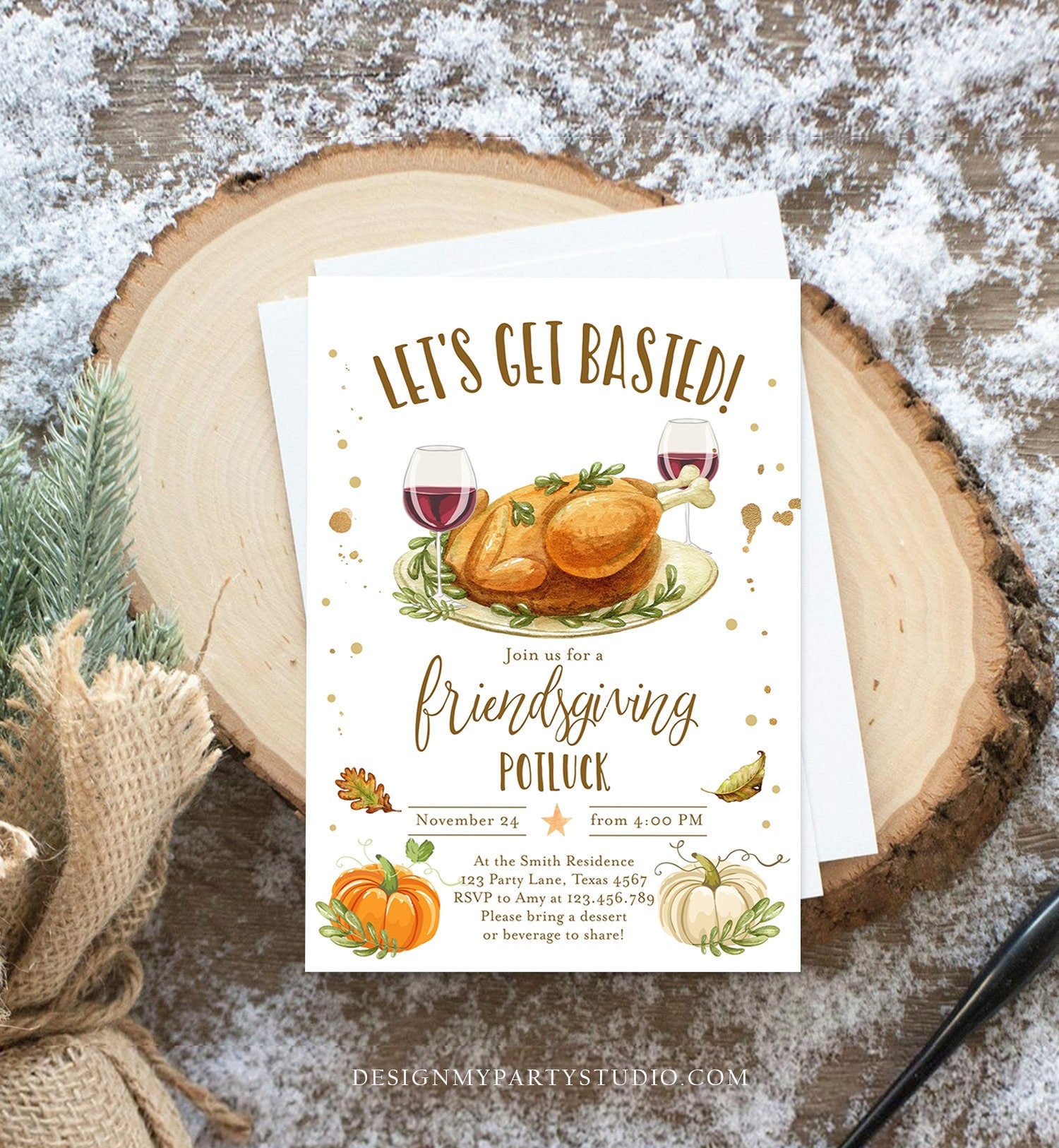 Editable Friendsgiving Invitation Rustic Turkey Lets Get Basted Thanksgiving Invitation Potluck Personalized Printable Template Corjl 0361