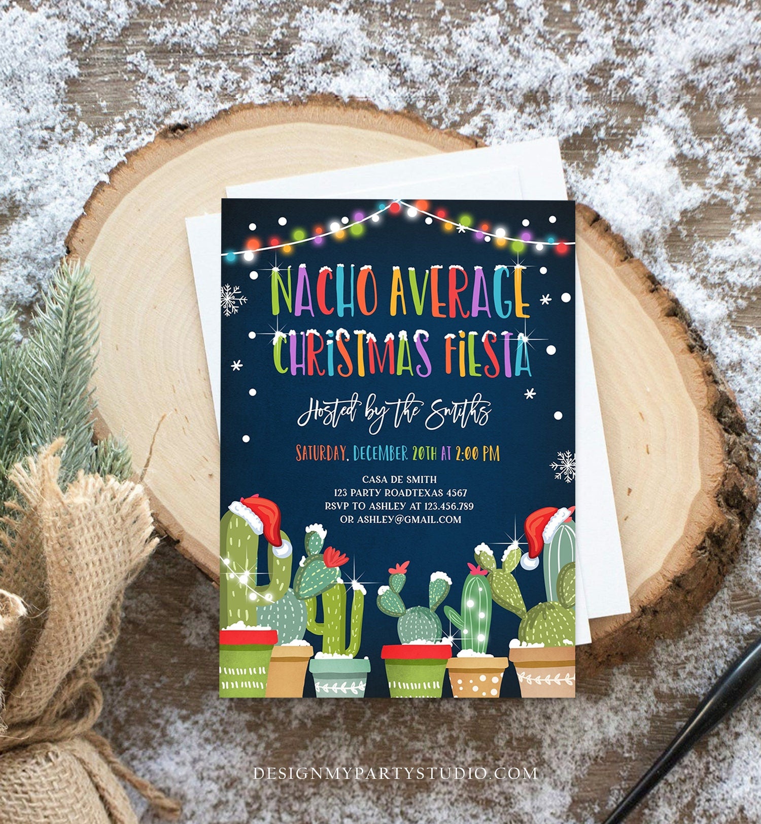 Editable Nacho Average Christmas Fiesta Invitation Cactus Mexican Holiday Feliz Navidad Digital Download Evite Template Printable 0273