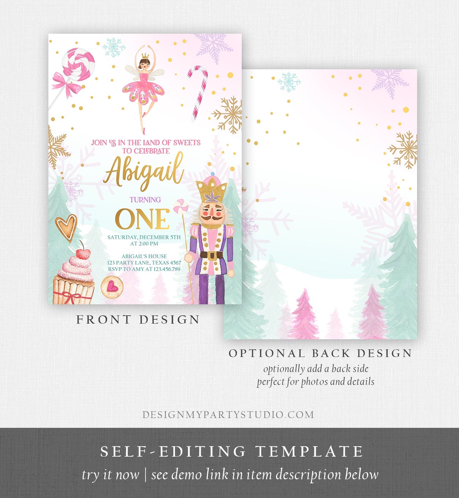 Editable Nutcracker Birthday Invitation Girl Land of Sweets Winter Pink Girl Sugar Plum Fairy Digital Download Template Printable 0352