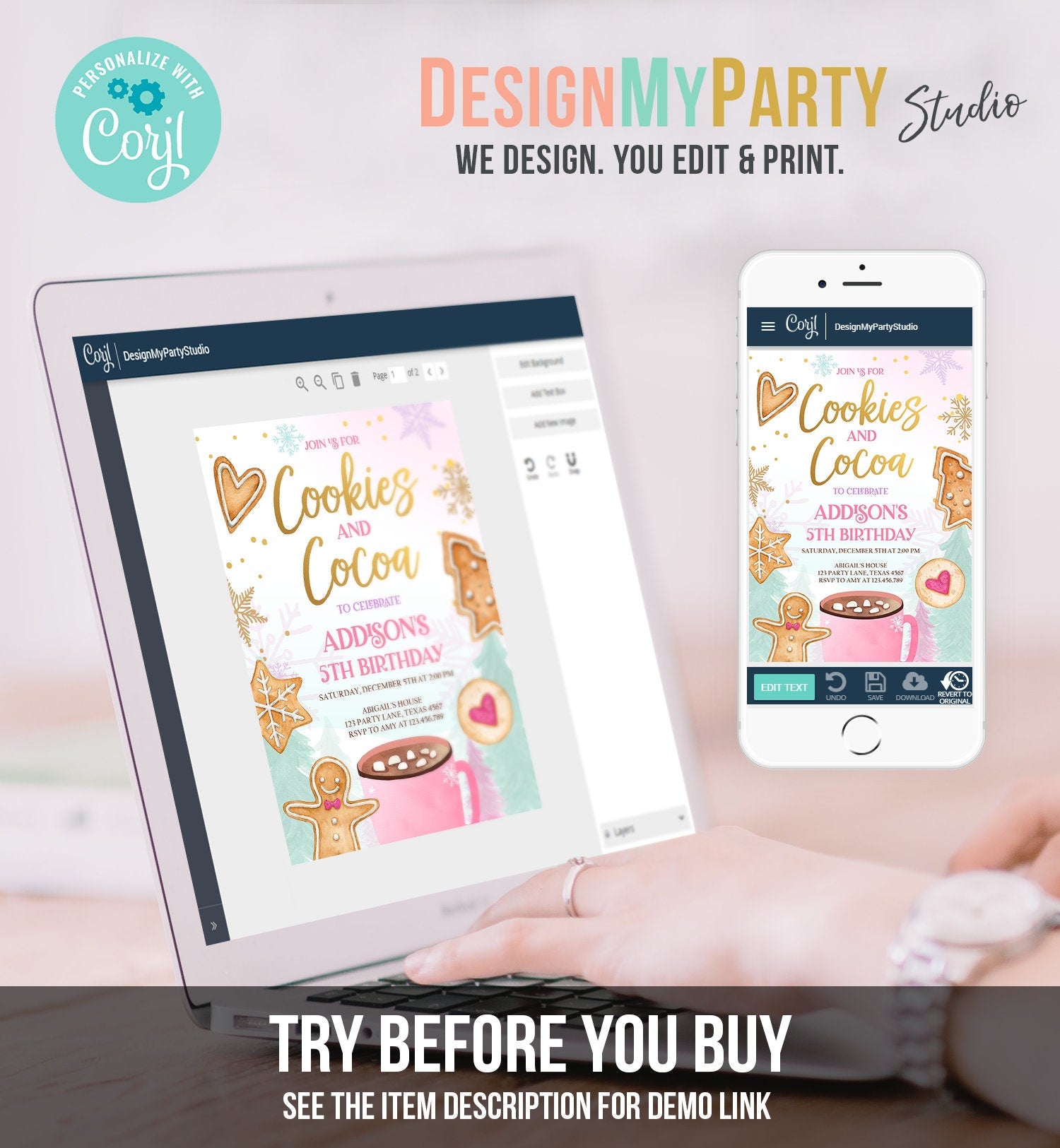 Editable Cookies and Cocoa Invitation Hot Cocoa Party Hot Chocolate Christmas Birthday Girl Pink Gold Download Printable Template Corjl 0352