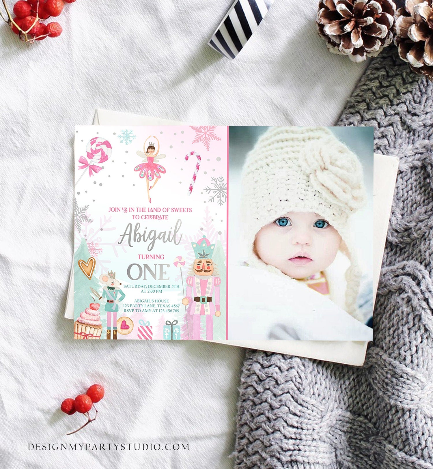 Editable Nutcracker Birthday Invitation Girl Land of Sweets Invite Winter Pink Girl Sugar Plum Fairy Download Printable Template Corjl 0352