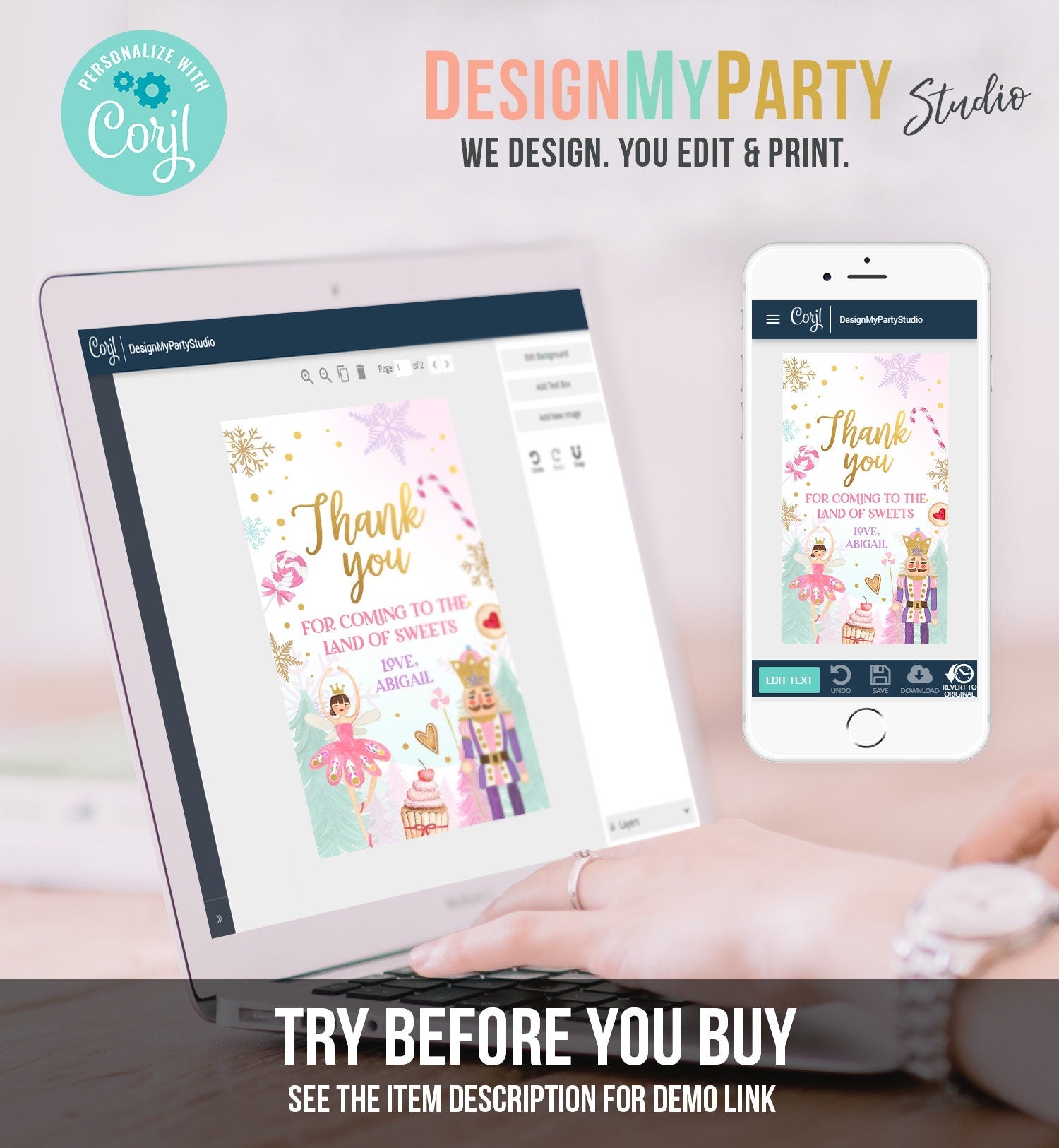 Editable Nutcracker Favor Tag Birthday Land of Sweets Thank You Tag Sugar Plum Fairy Christmas Winter Pink Gold Girl Template Printable 0352