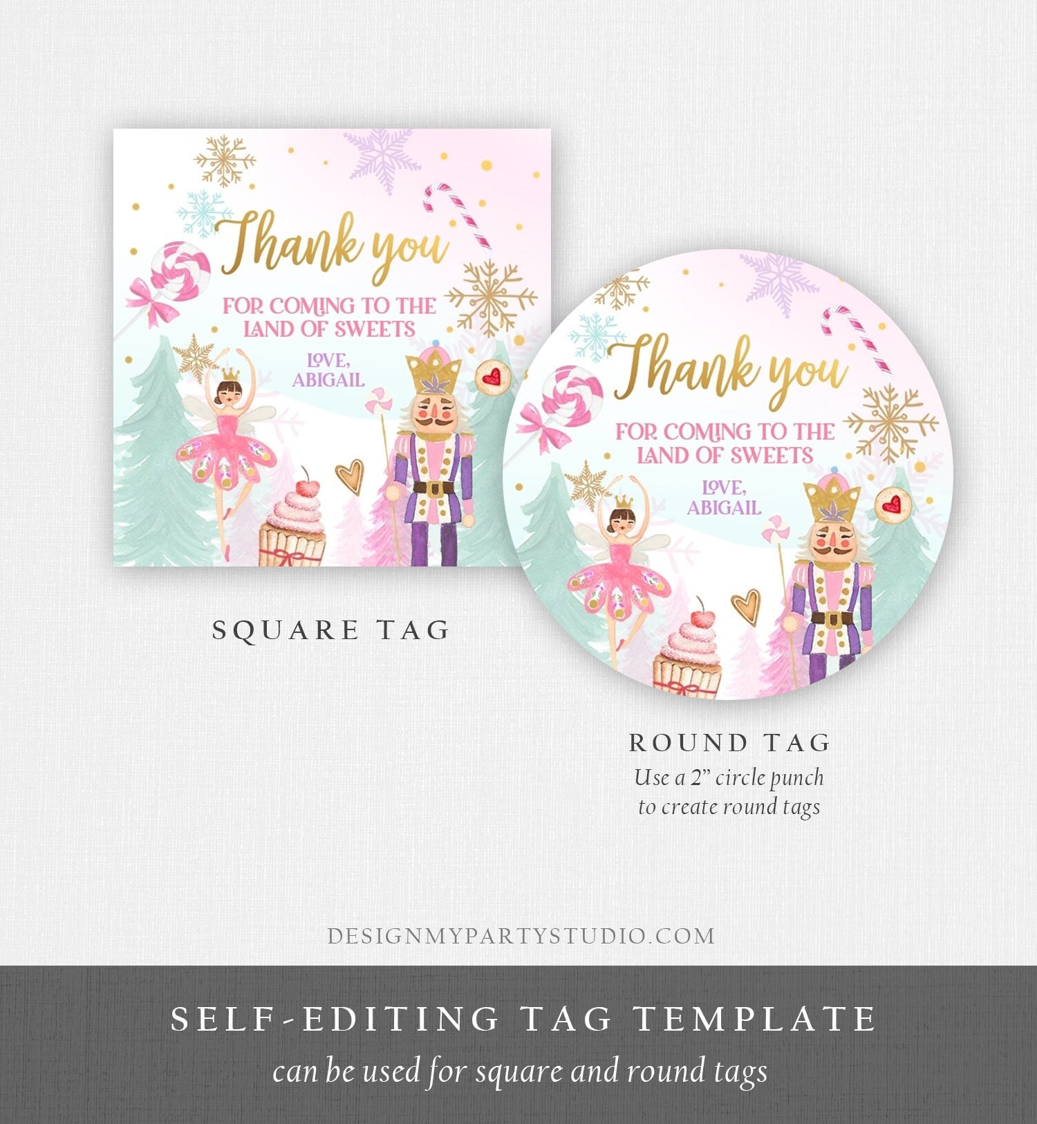 Editable Nutcracker Favor Tag Nutcracker Birthday Land of Sweets Thank You Tag Sugar Plum Fairy Christmas Winter Pink Gold Girl Corjl 0352