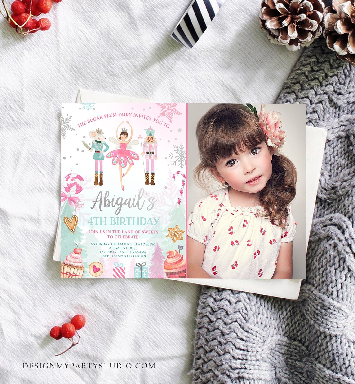 Editable Nutcracker Birthday Invitation Girl Land of Sweets Winter Pink Girl Sugar Plum Fairy Digital Download Template Printable 0352