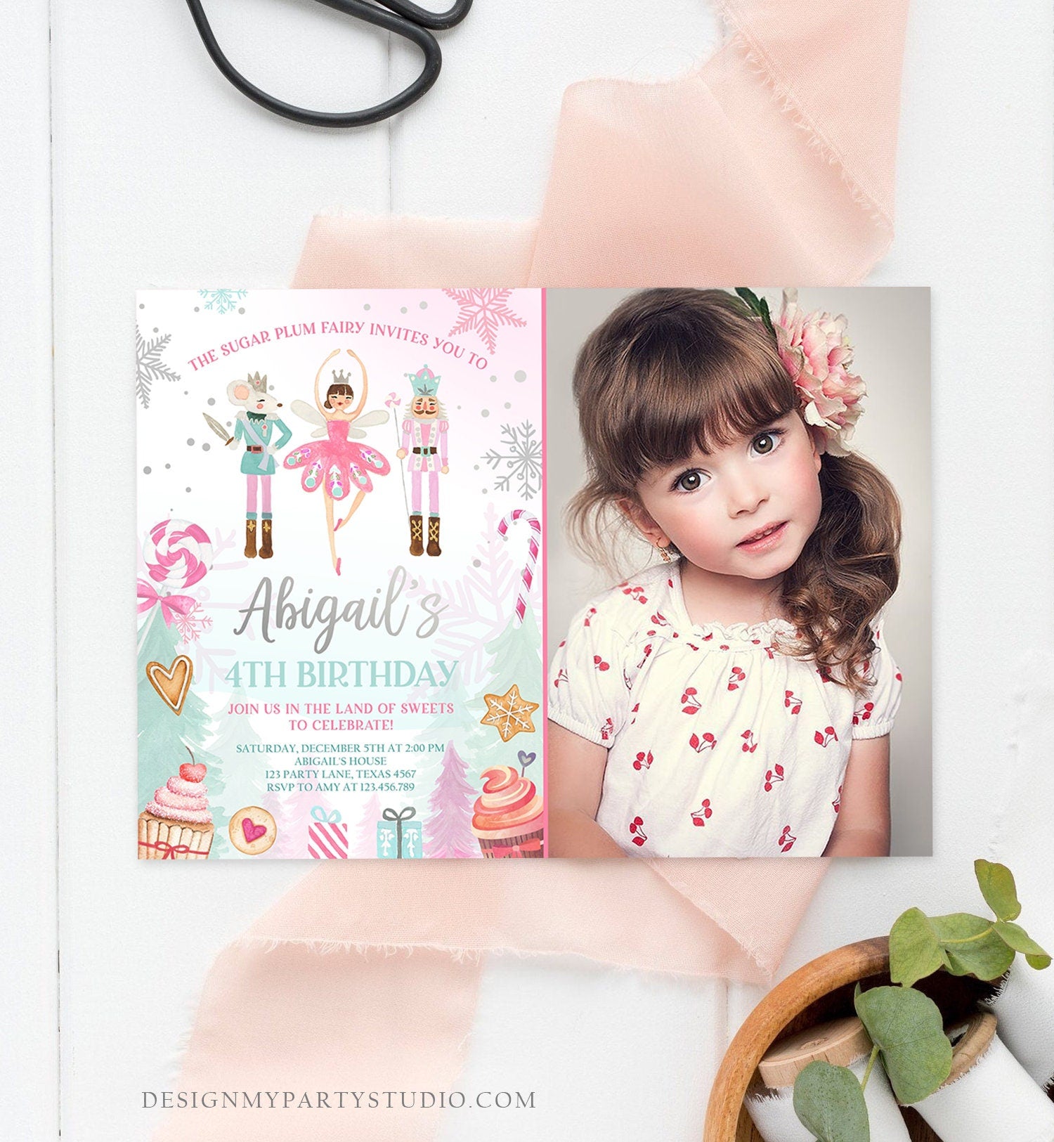 Editable Nutcracker Birthday Invitation Girl Land of Sweets Winter Pink Girl Sugar Plum Fairy Digital Download Template Printable 0352