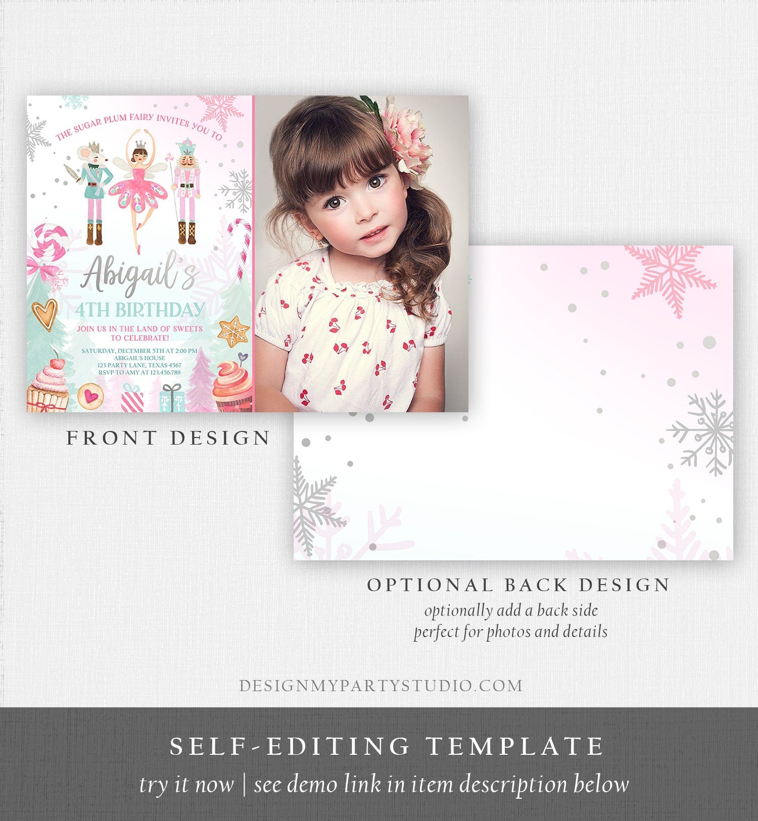 Editable Nutcracker Birthday Invitation Girl Land of Sweets Winter Pink Girl Sugar Plum Fairy Digital Download Template Printable 0352