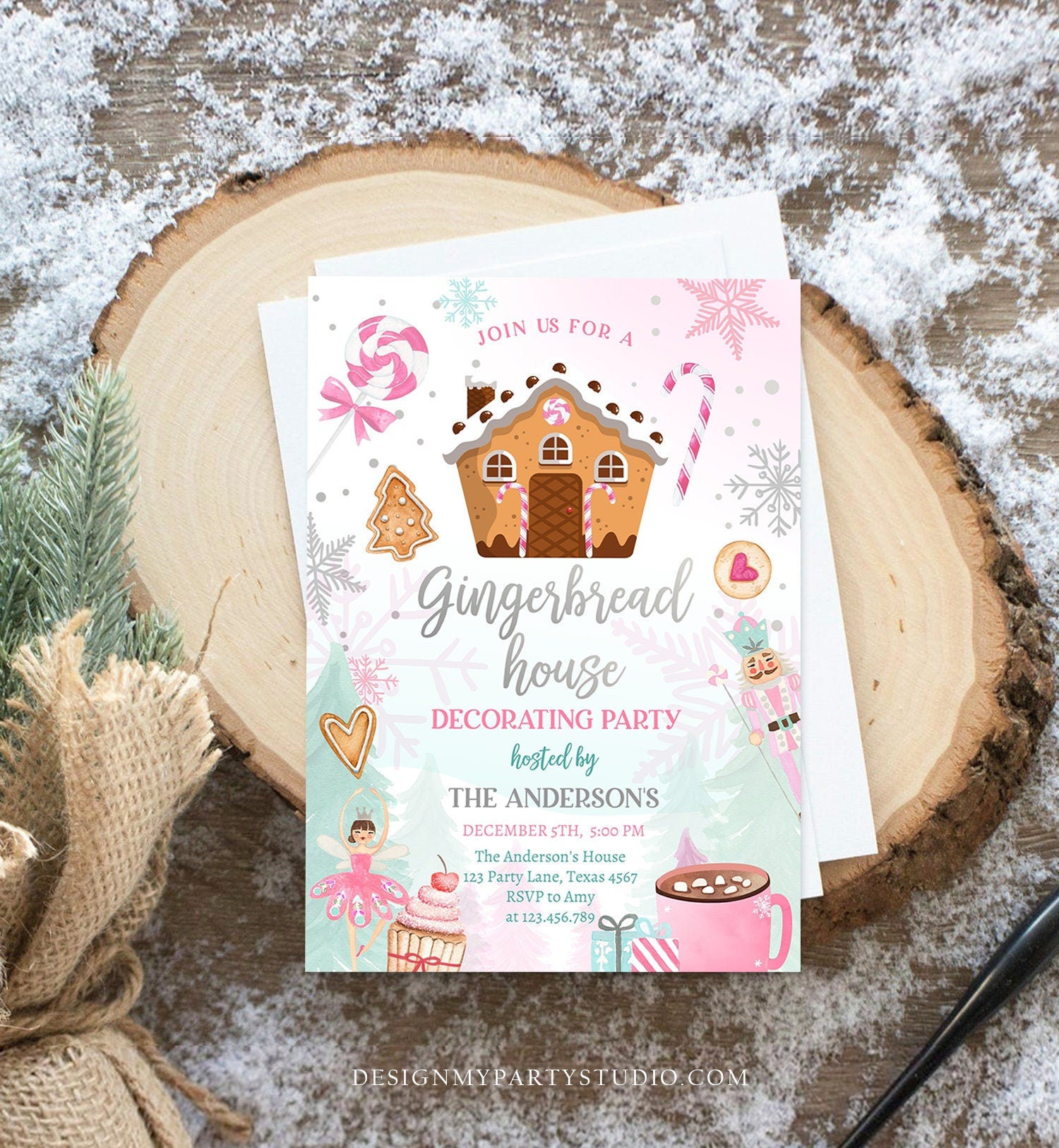 Editable Gingerbread House Decorating Party Invitation Land of Sweets Pink Silver Cookie Decorating Digital Download Template Printable 0352