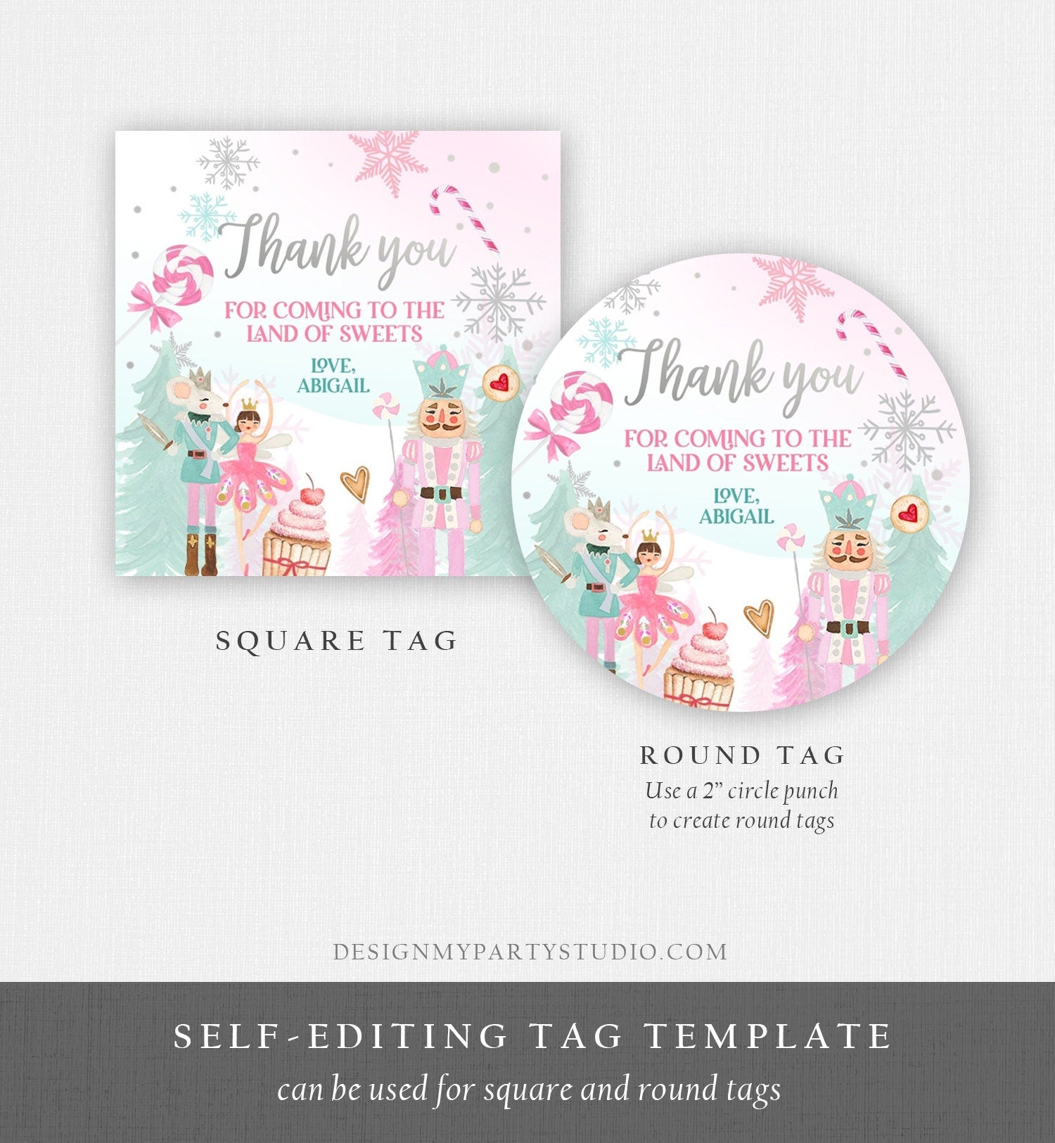 Editable Nutcracker Favor Tag Nutcracker Birthday Land of Sweets Thank You Sugar Plum Fairy Christmas Winter Pink Silver Girl Printable 0352