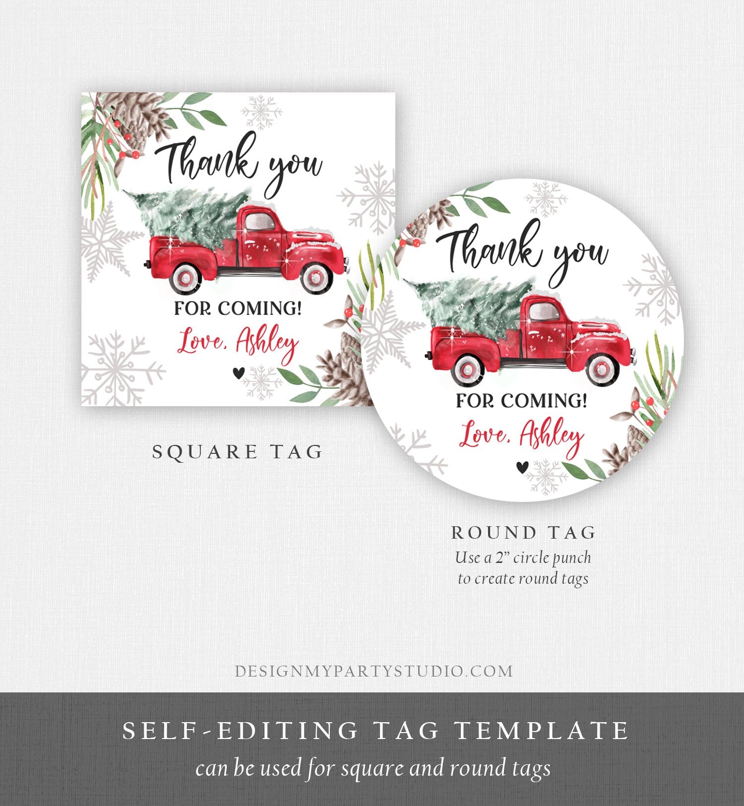 Editable Winter Truck Favor Tag Christmas Red Boy Birthday Baby Shower Bridal Shower Thank You Digital Download Template Printable 0356