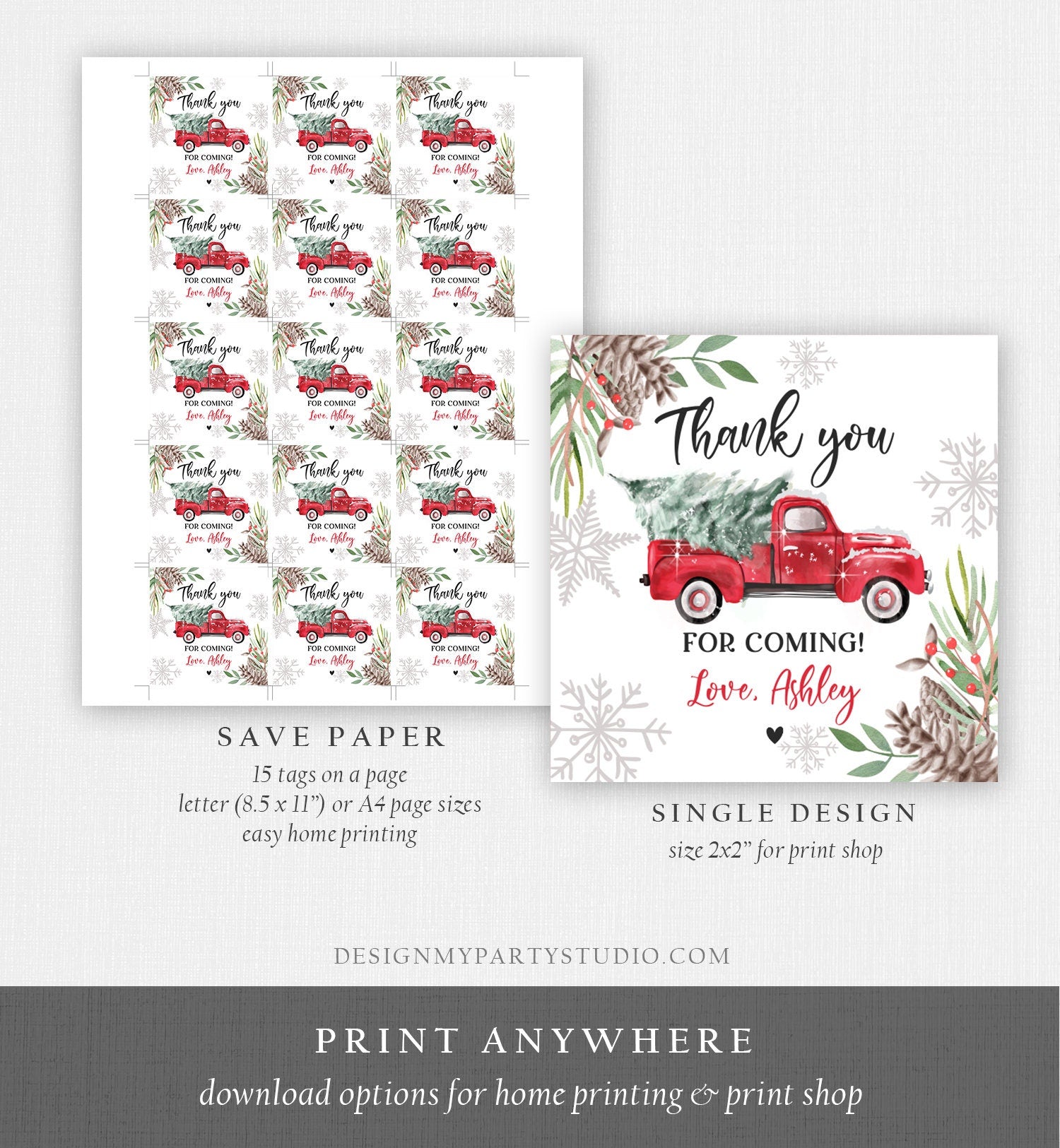 Editable Winter Truck Favor Tag Christmas Red Boy Birthday Baby Shower Bridal Shower Thank You Digital Download Template Printable 0356
