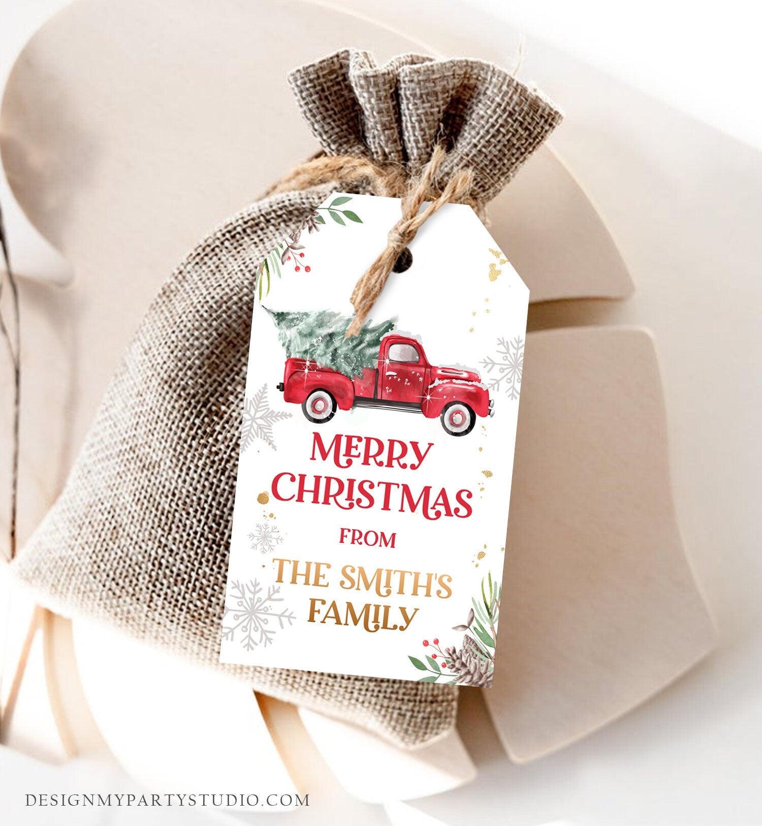 Editable Merry Christmas Favor Tag Winter Red Truck Holidays Baby Bridal Shower Thank You Gift Digital Download Template Printable 0356