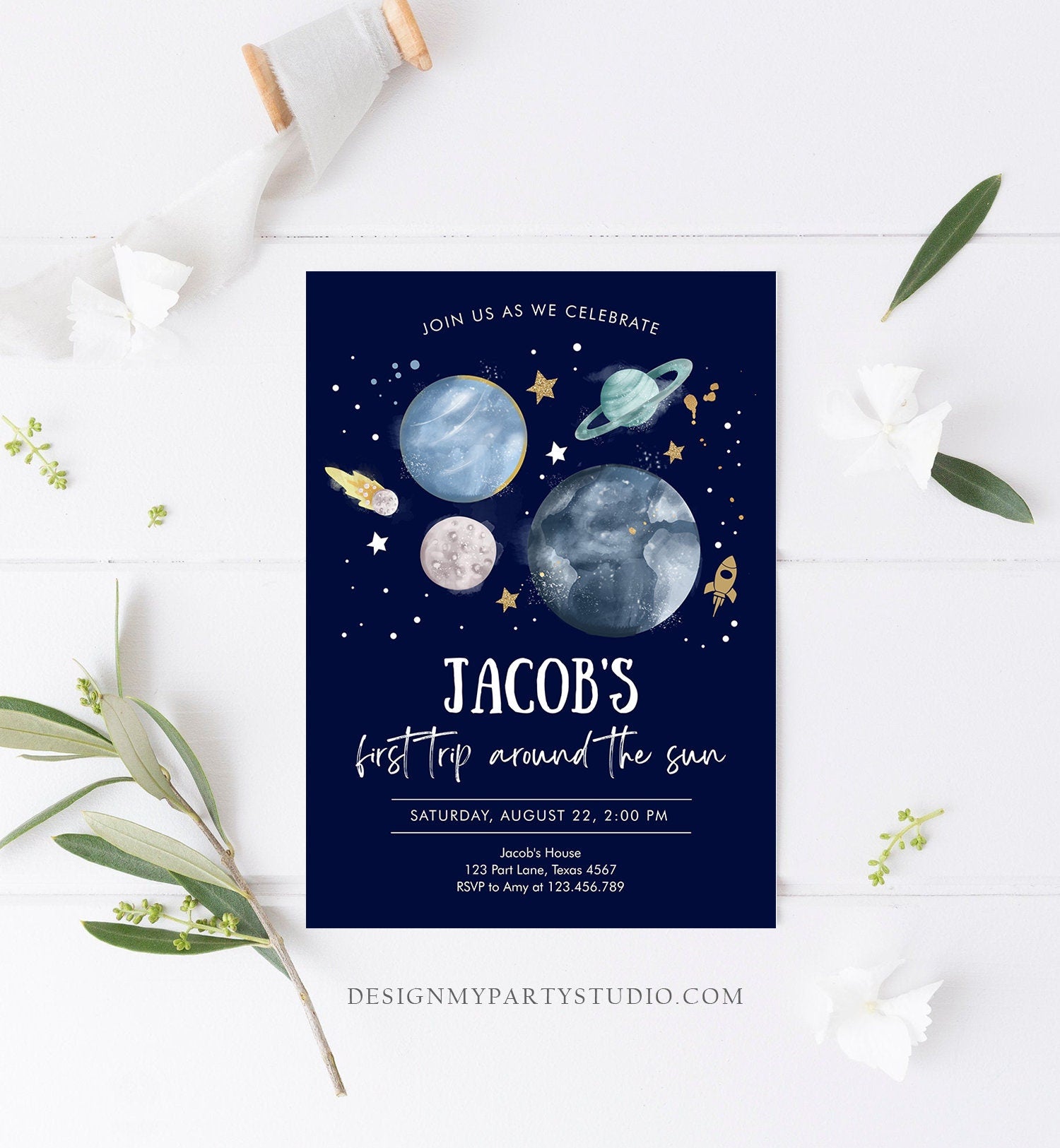 Editable Outer Space First Birthday Invitation Galaxy Blast Off First Trip Around the Sun Digital Download Evite Template Printable 0357