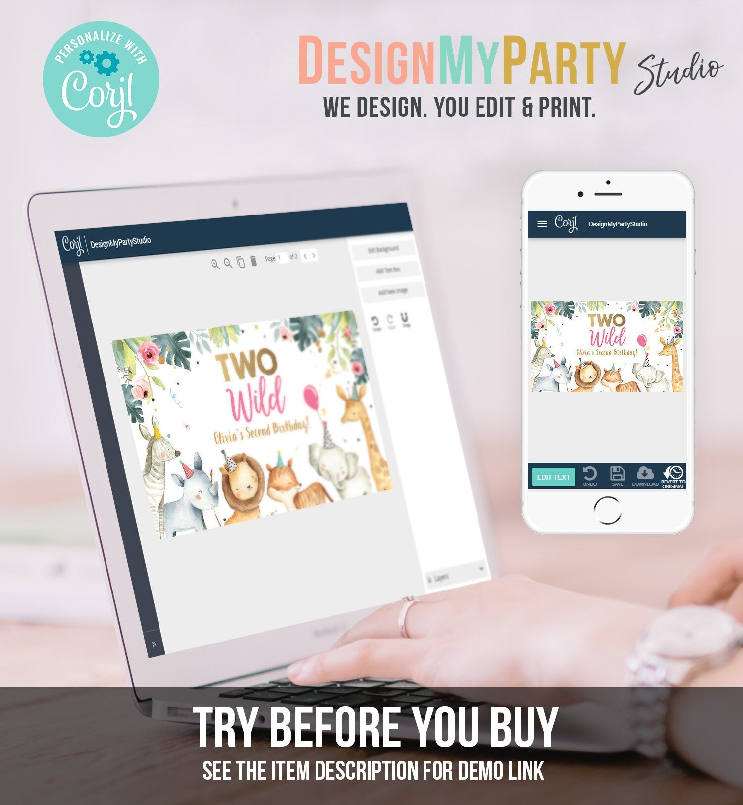 Editable Party Animals Birthday Backdrop Banner Safari Animals Girl Two Wild 2nd Birthday Welcome Sign Digital Template Printable 0163