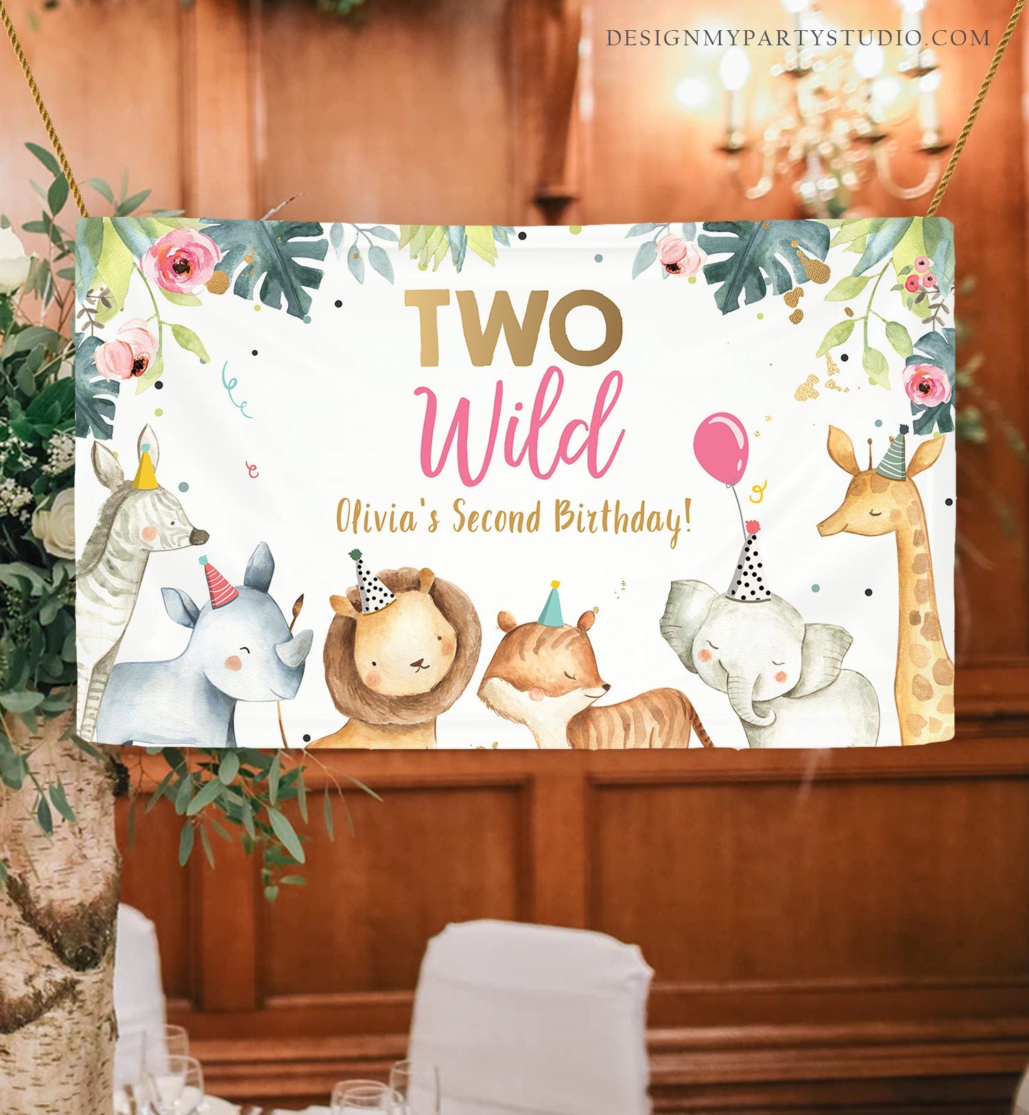Editable Party Animals Birthday Backdrop Banner Safari Animals Girl Two Wild 2nd Birthday Welcome Sign Digital Template Printable 0163