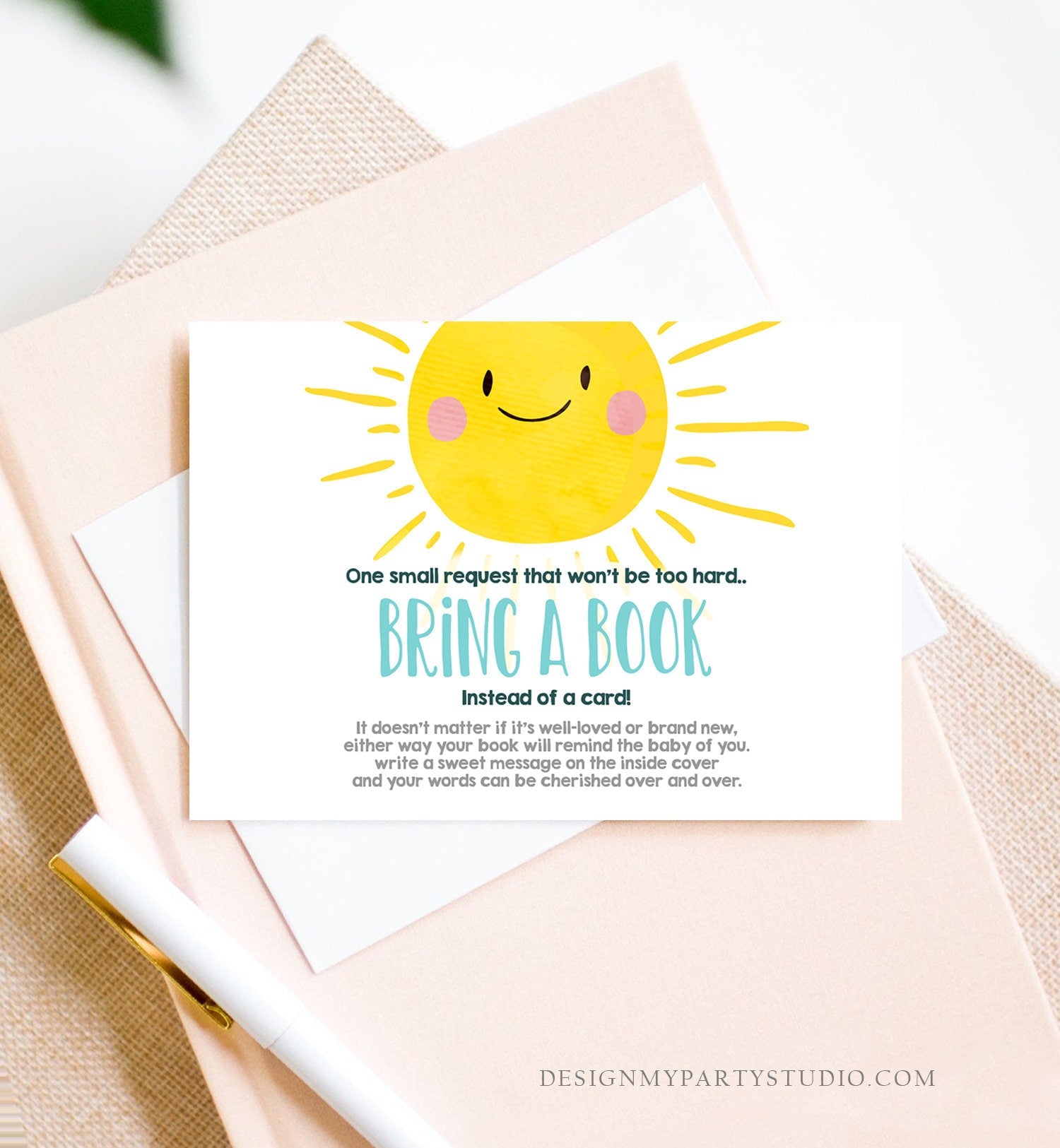 Editable Baby Shower Bring a Book Card A Ray Of Sunshine Little Sunshine Blue Books for Baby Book Request Template Corjl Printable 0141