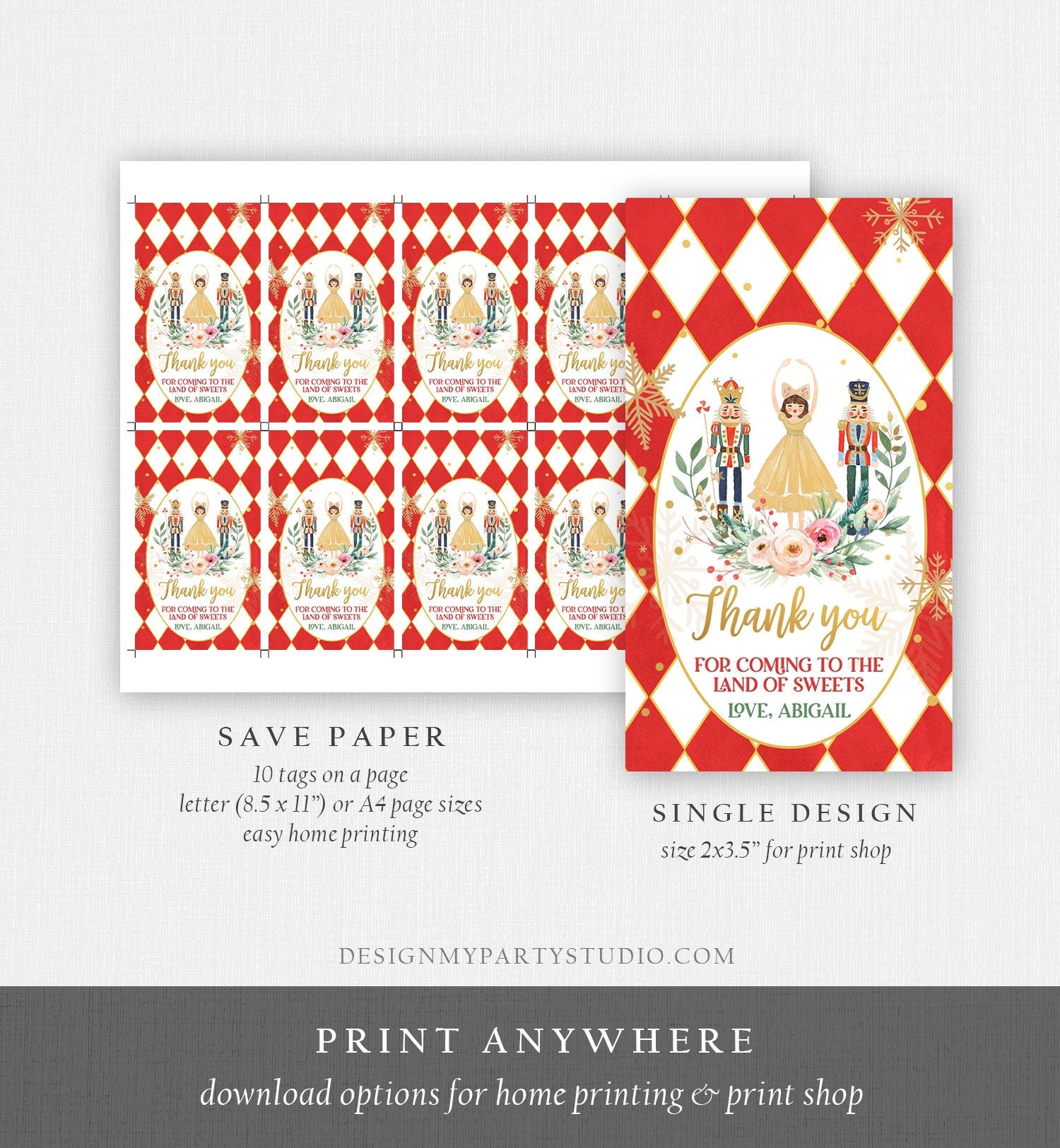 Editable Nutcracker Favor Tag Nutcracker Birthday Land of Sweets Thank You Tag Sugar Plum Fairy Merry Christmas Red Template Printable 0352