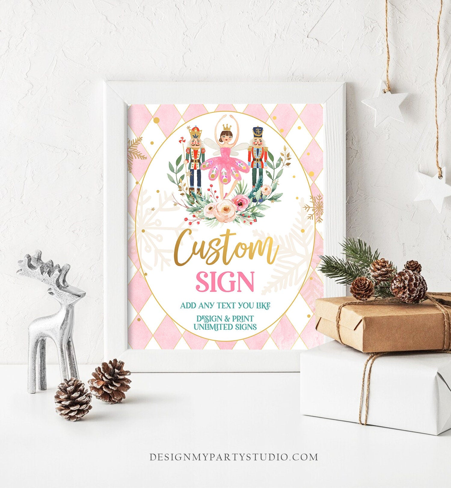 Editable Custom Sign Nutcracker Birthday Decor Land of Sweets Party Sign Sugar Plum Fairy Girl Pink Table Digital Template Printable 0352