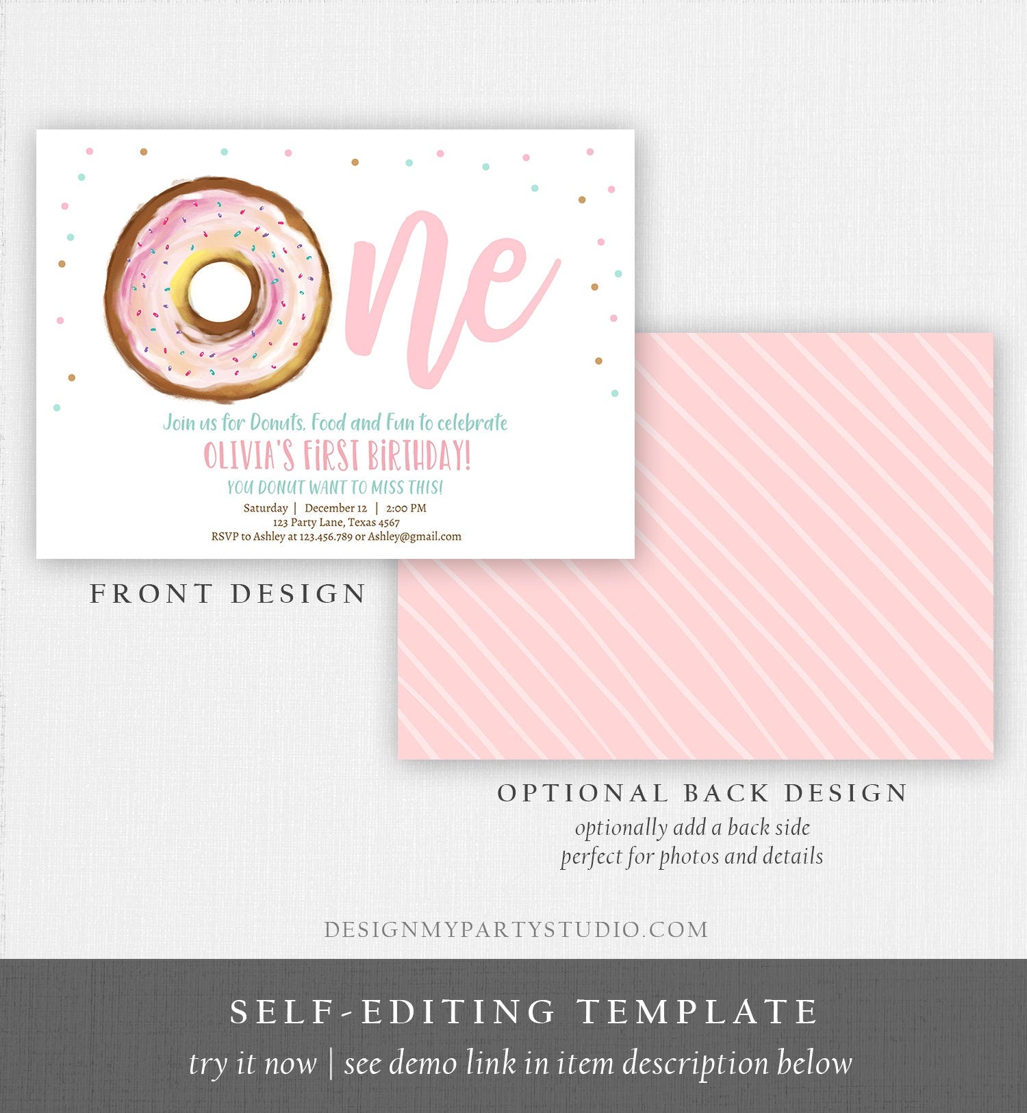 Editable Donut 1st Birthday Invitation First Birthday Invite Pink Donut Girl Doughnut Sweet Digital Download Evite Template Printable D0368